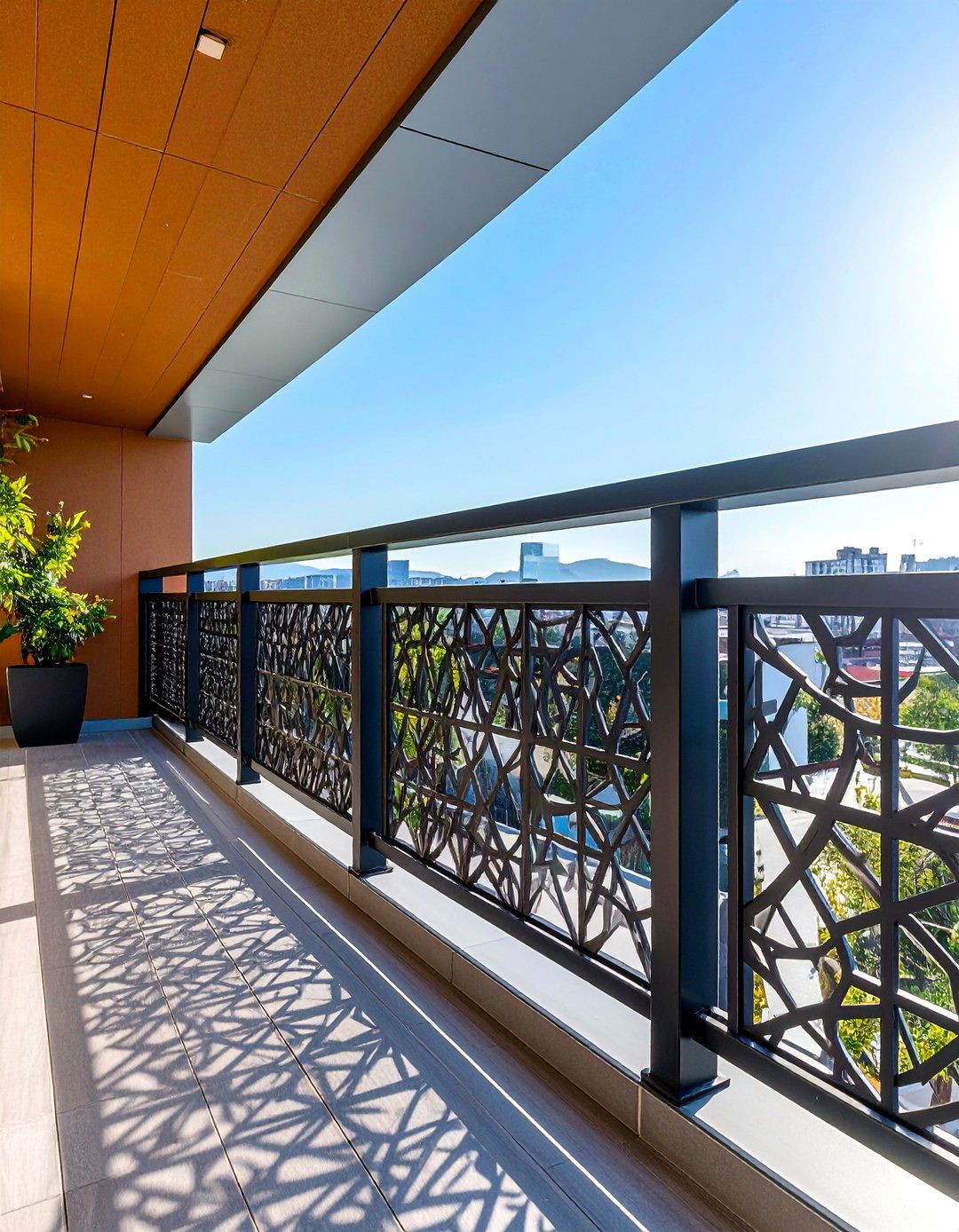 Geometric Pattern Balcony Over Garage with Laser Cut Details - 20 Balcony Over Garage Ideas