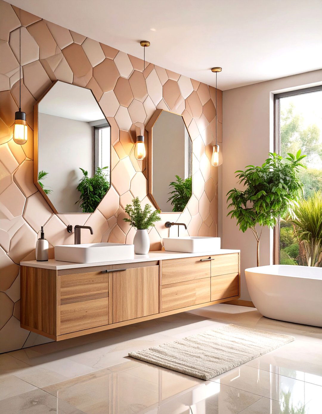 Geometric Pattern Half Wall Tile Turns Walls into Art - 20 Half-wall Tile Bathroom Ideas