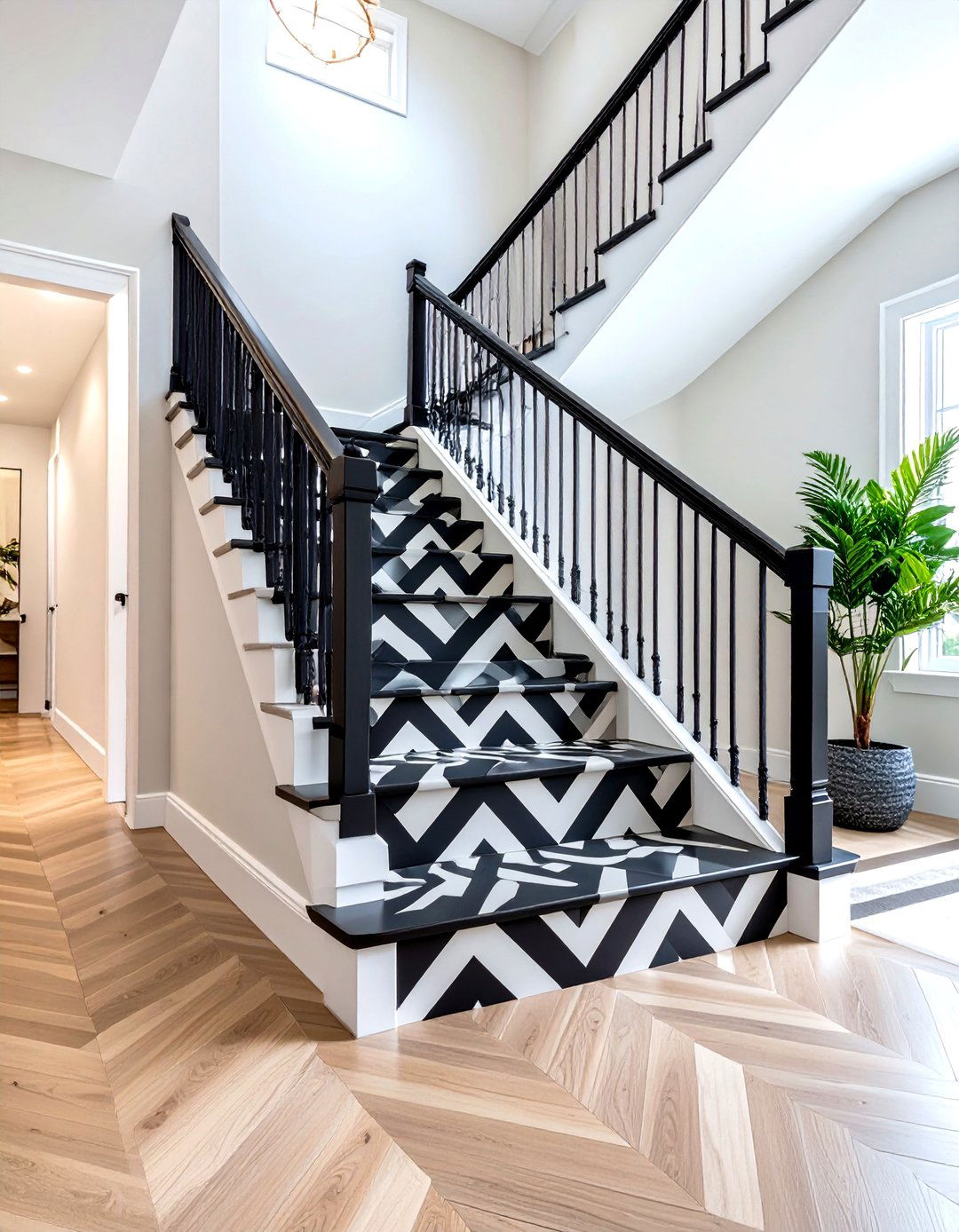 Geometric Pattern Painted Stair Design - 20 Painted Stair Ideas