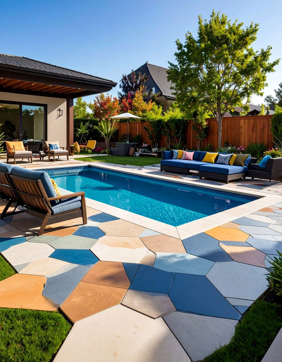 Geometric Pattern Pool Deck with Bold Visual Design - 20 Pool Deck Ideas