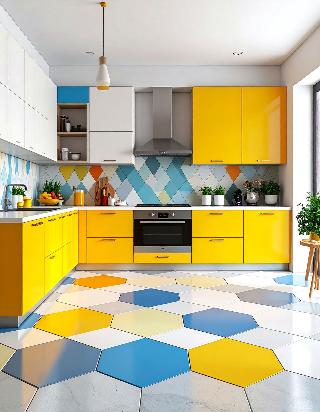 Geometric Patterned Concrete Floor Kitchen with Decorative Inlays - 20 Concrete Floor Kitchen Ideas