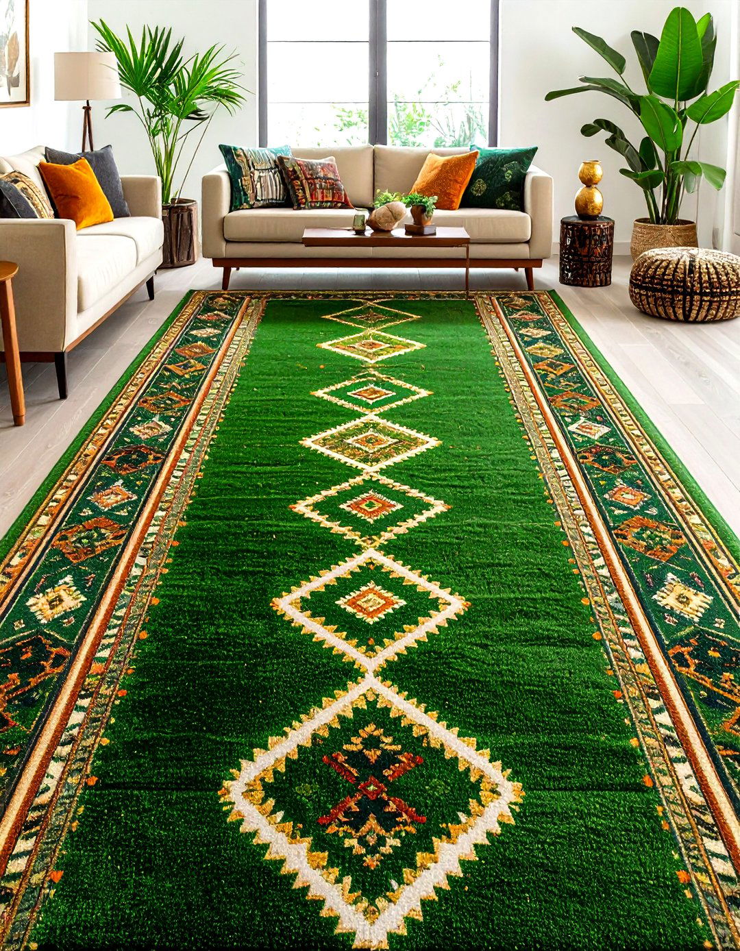 Geometric Rugs Layered on Plain Green Carpet - 20 Green Carpet Living Room Ideas