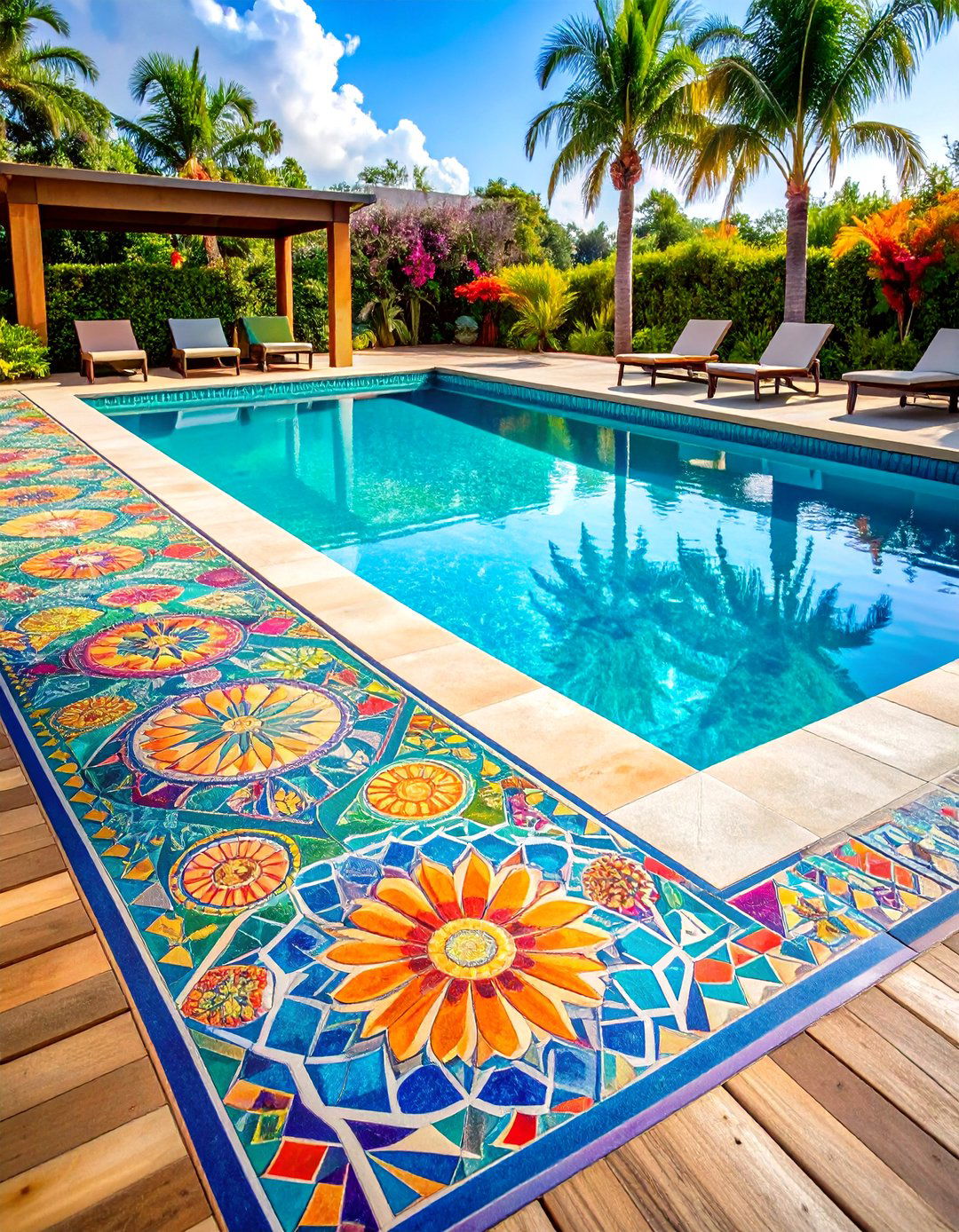 Geometric Square Pattern Concrete Pool Deck - 20 Concrete Pool Deck Ideas