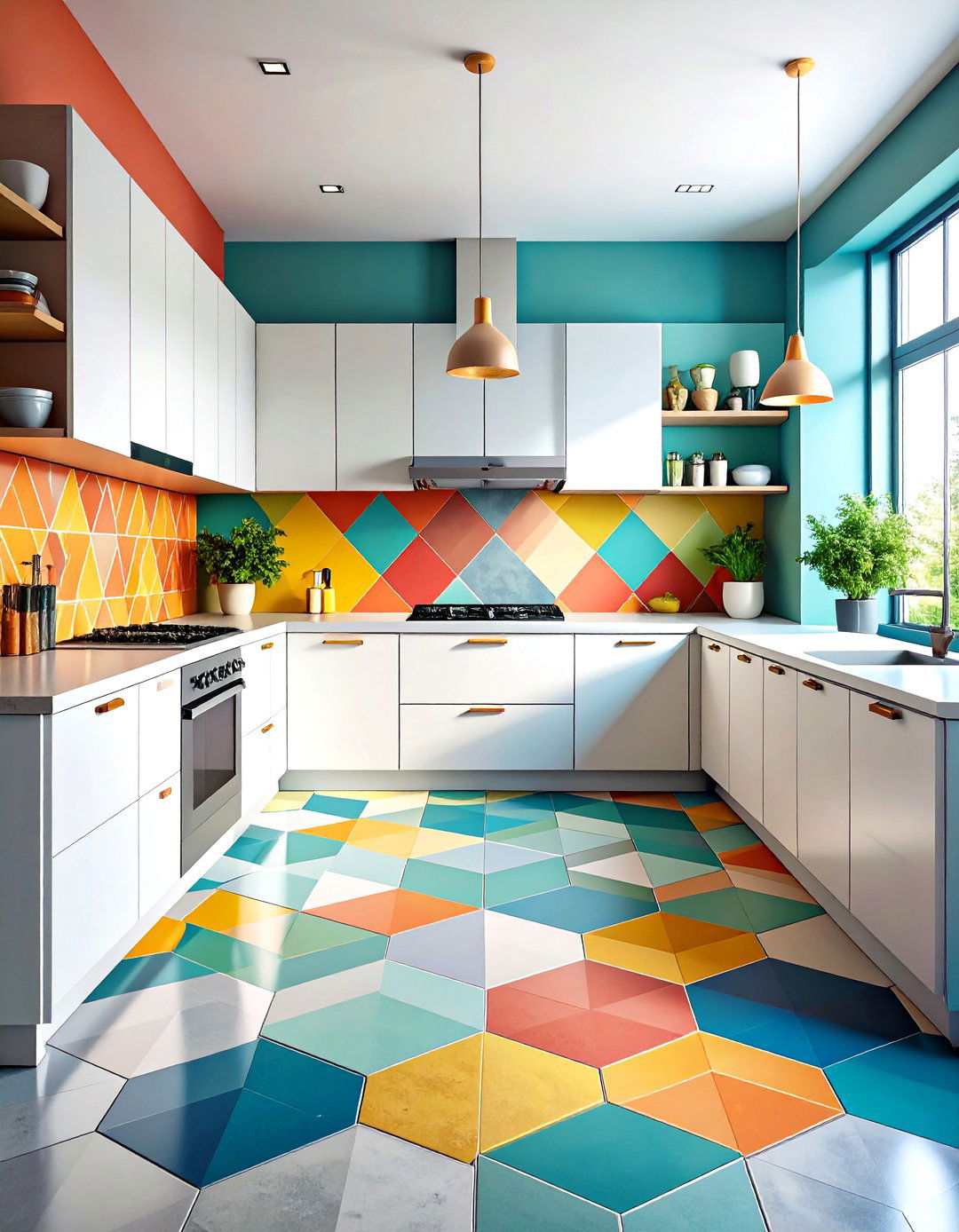 Geometric Stenciled Indoor Concrete Floor Paint - 20 Indoor Concrete Floor Paint Ideas
