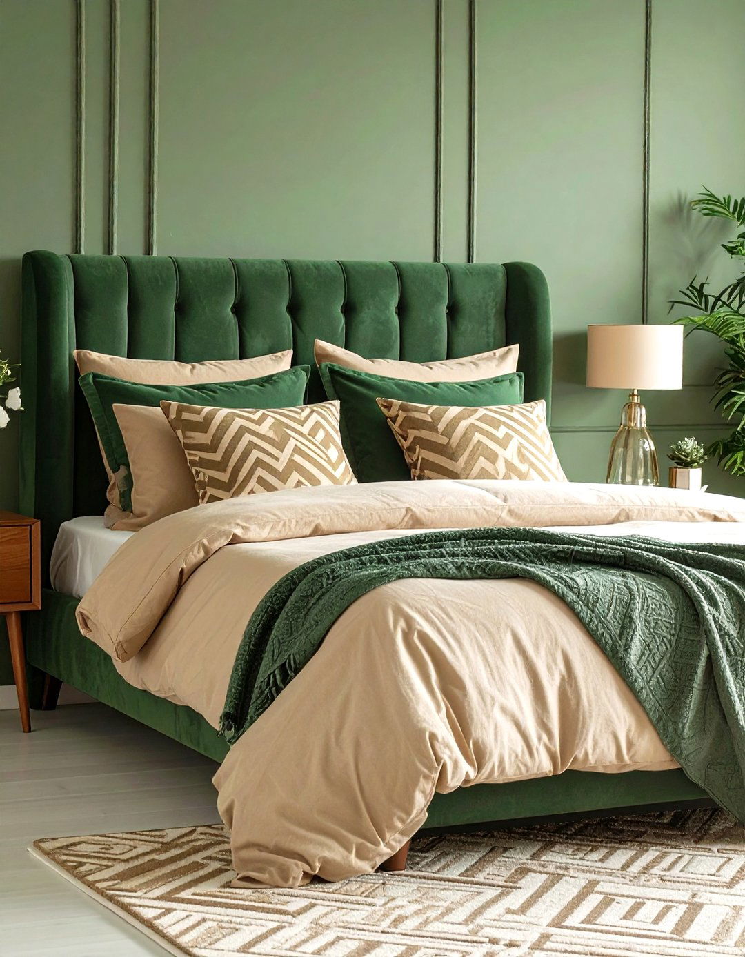 Geometric Throw Pillows for a Green and Beige Bedroom - 20 Green and Beige Bedroom Ideas