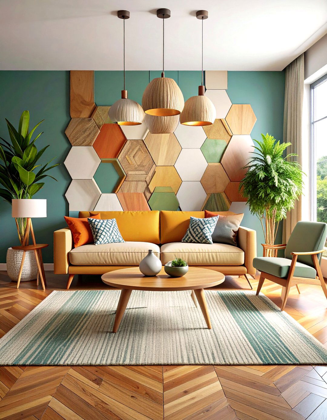 Geometric Tile and Wood Mid Century Modern Living Room - 20 Mid-Century Modern Living Room Ideas