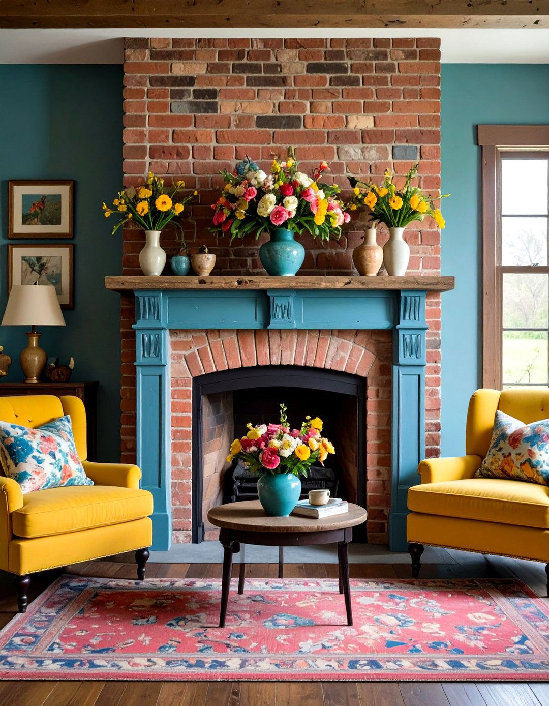 German Schmear Rustic Brick Fireplace with Distressed Mantel - 20 Rustic Brick Fireplace Ideas
