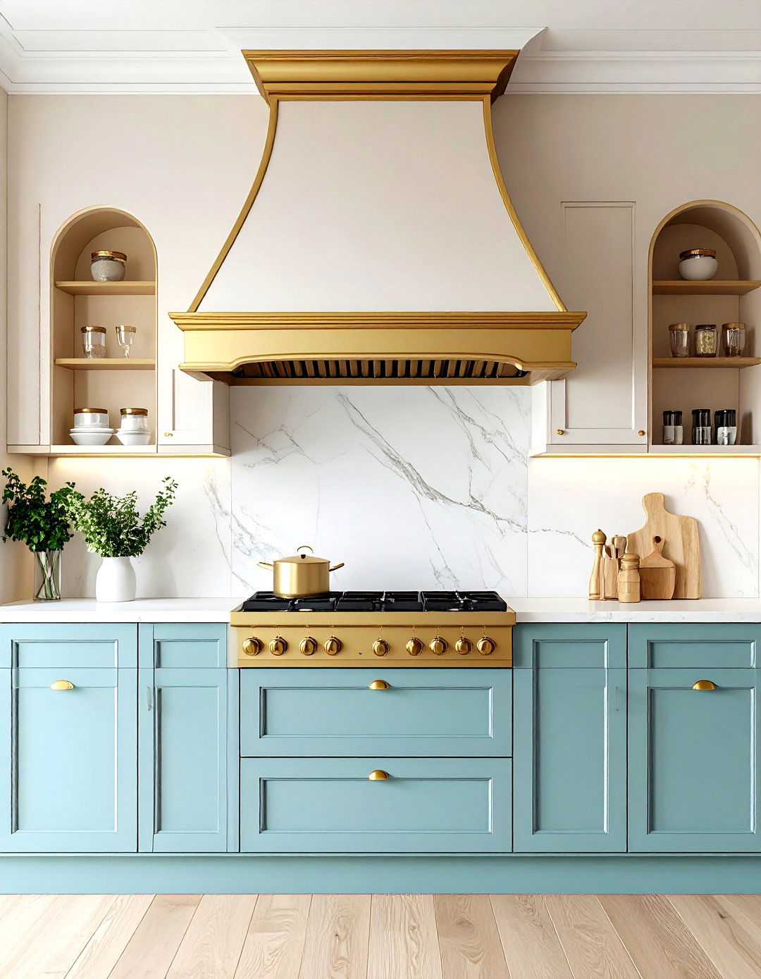 Gilded Statement Hood Elevates the French Country Kitchen Range Wall - 20 French Country Kitchen Ideas