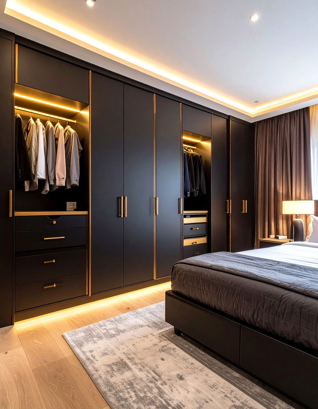 Glam Hardware Swap on Black Wardrobes - 20 Black and Gold Bedroom Ideas