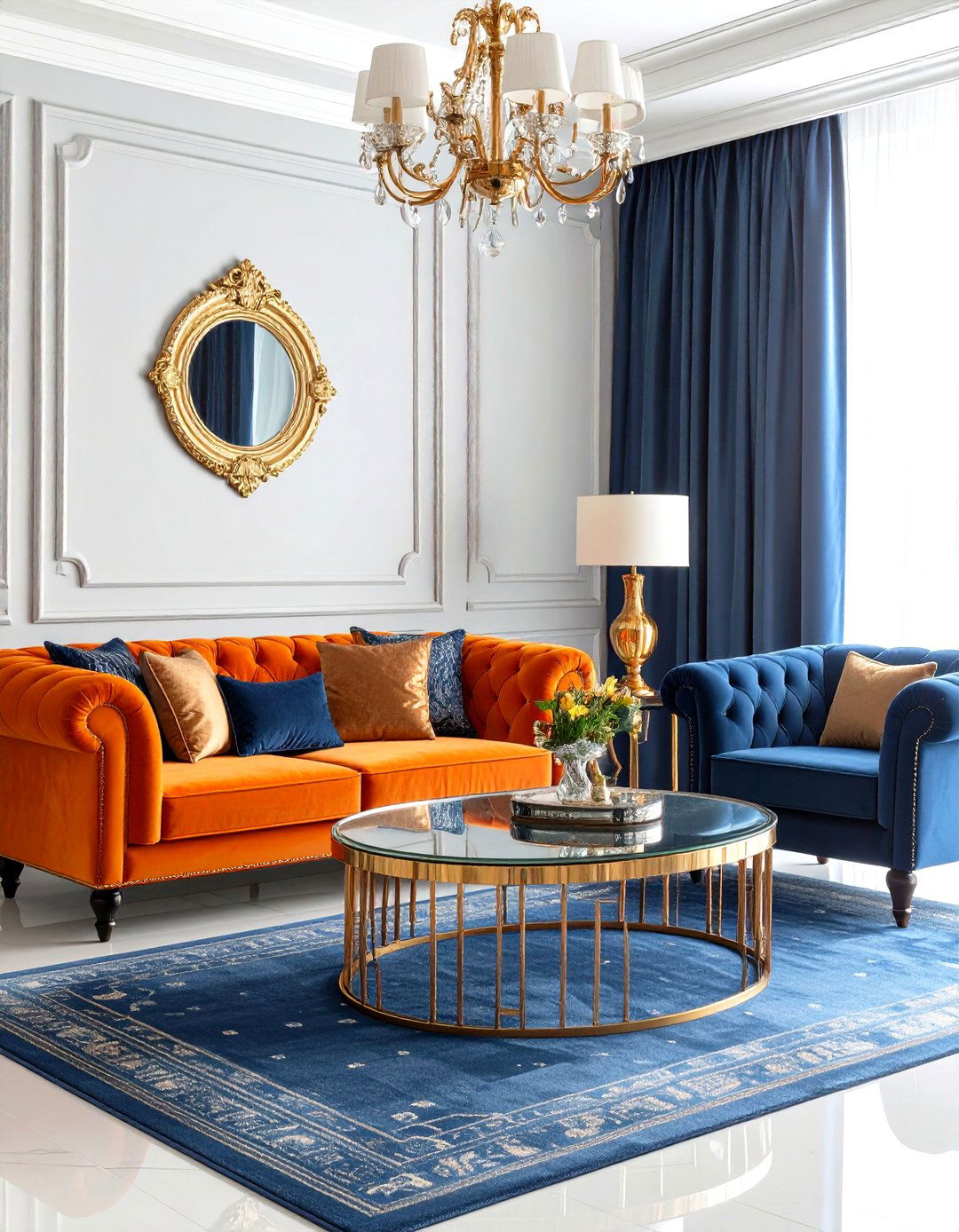 Glam Orange and Blue Living Room - 20 orange and blue living room ideas
