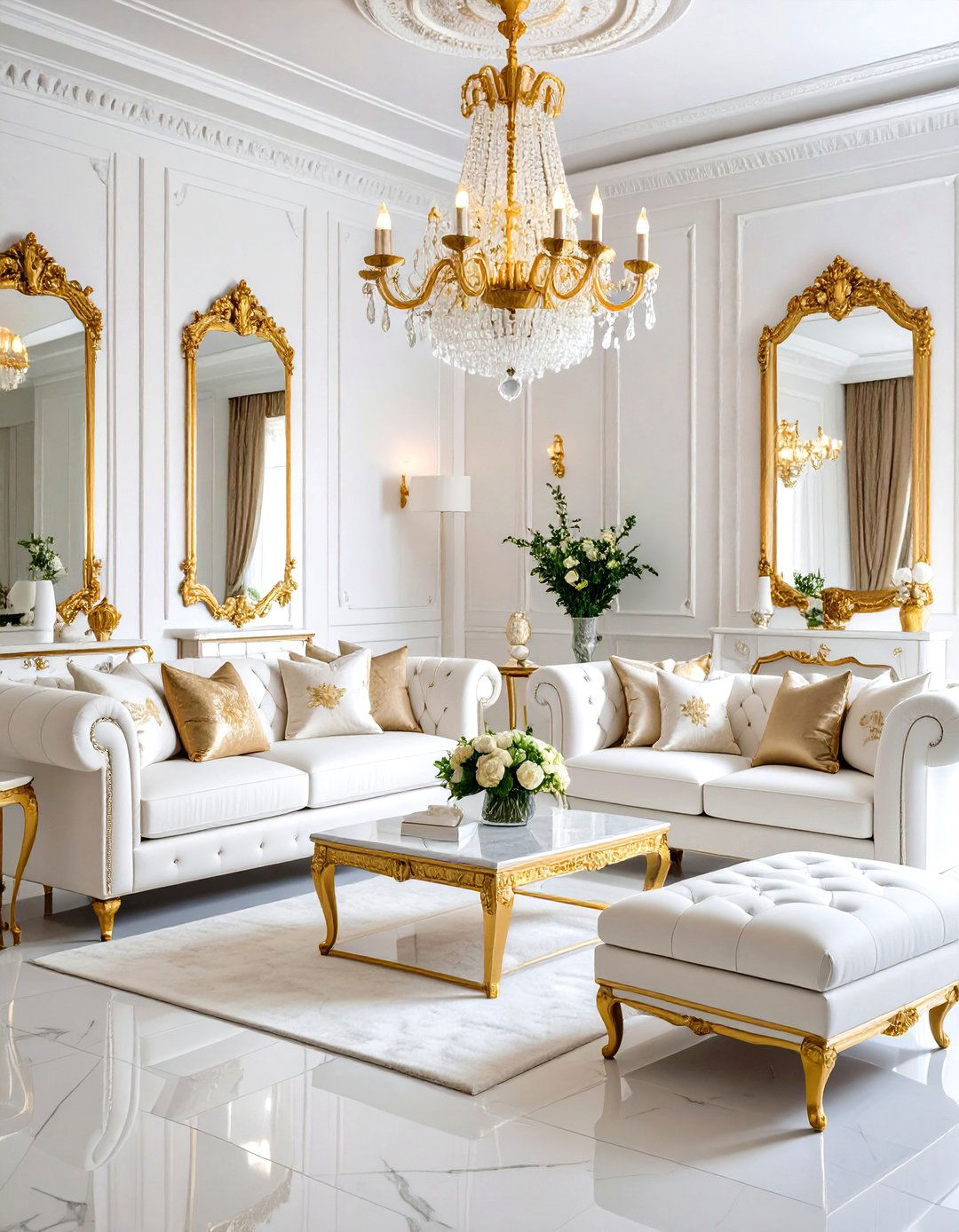 Glam White and Gold Living Room with Crystal Chandeliers - 20 White and Gold Living Room Ideas