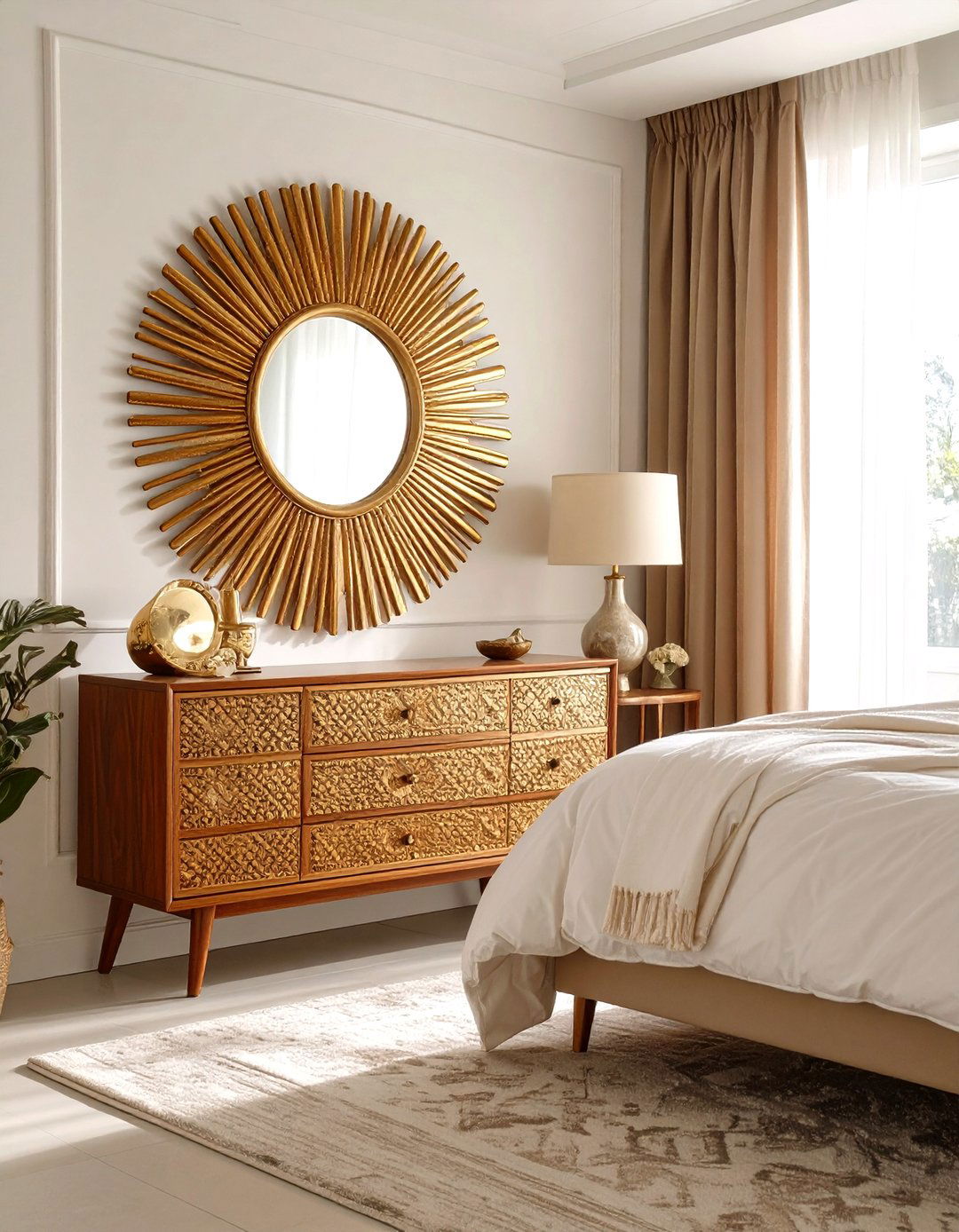 Glamorous Sunburst Mirror Behind Nightstand Design - 20 Mirror Behind Nightstand Design Ideas