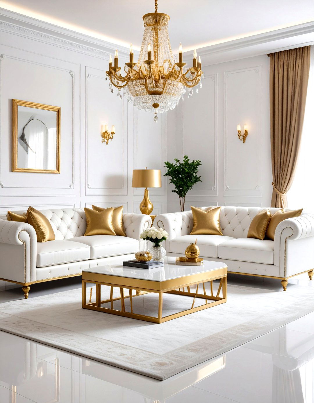 Glamorous White Living Room with Metallic Gold Details - 20 White Living Room Ideas