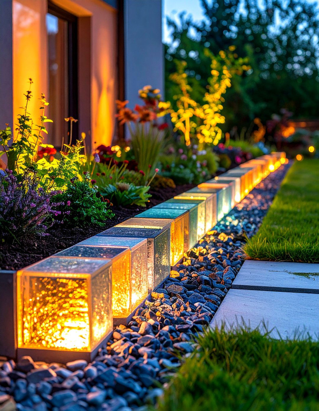 Glass Block Garden Edging with Contemporary Illumination - 20 Modern Garden Edging Ideas