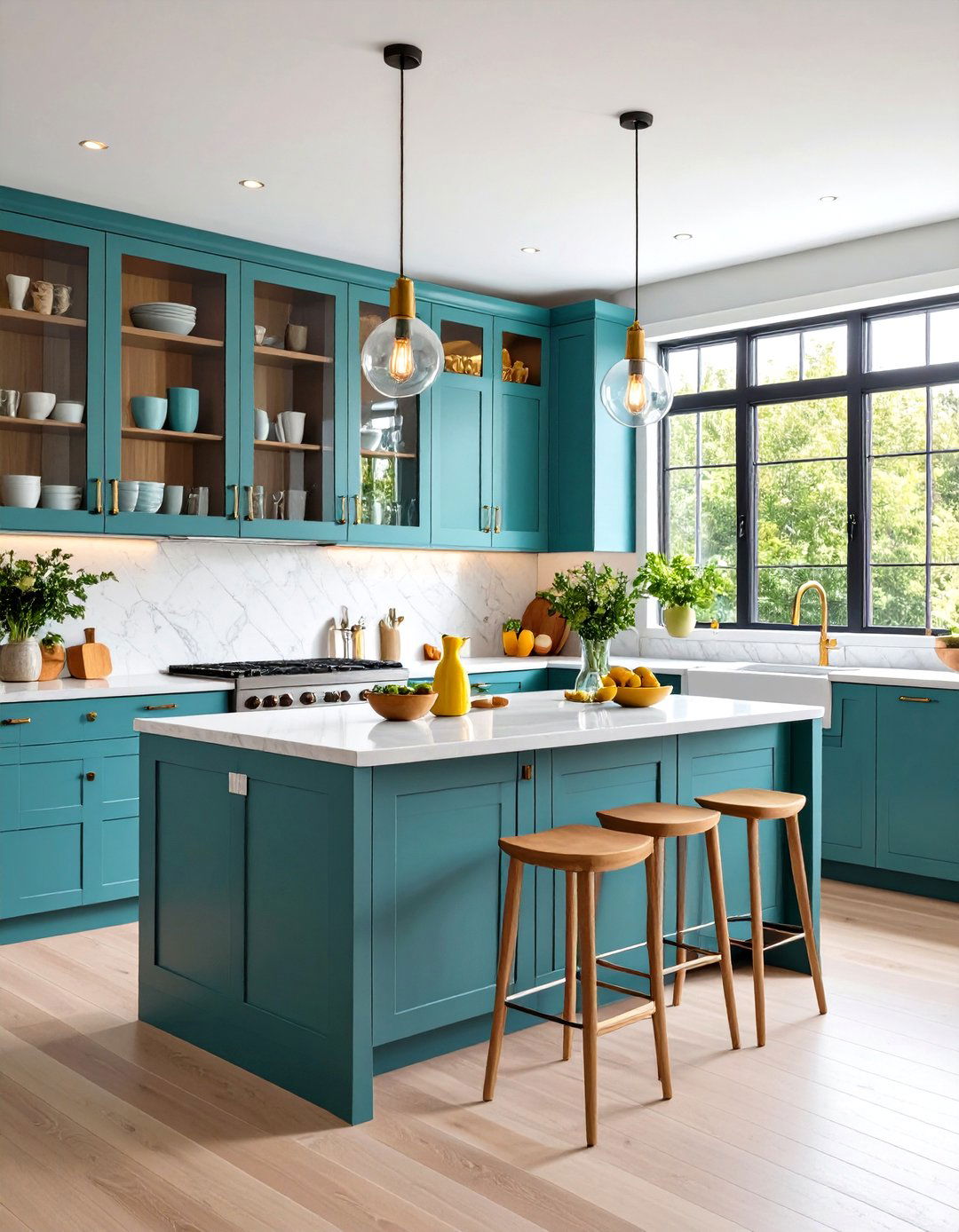Glass Cabinet Transitional Kitchen with Display Elements - 20 Transitional Kitchen Ideas