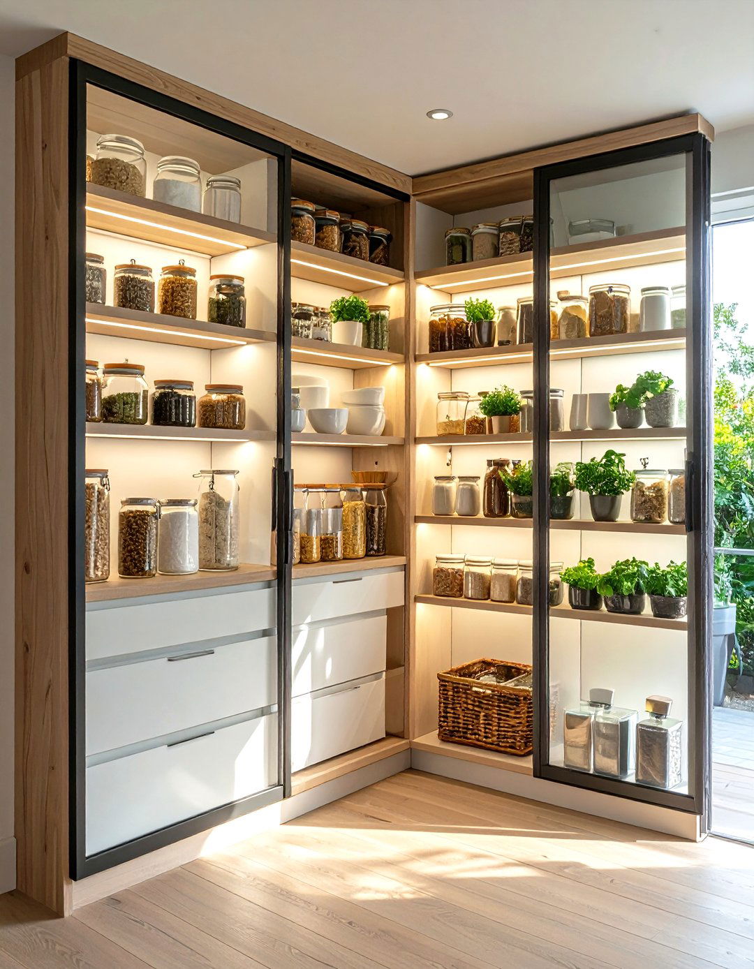 Glass Door Corner Pantry for Display Storage - 20 Corner Pantry Ideas