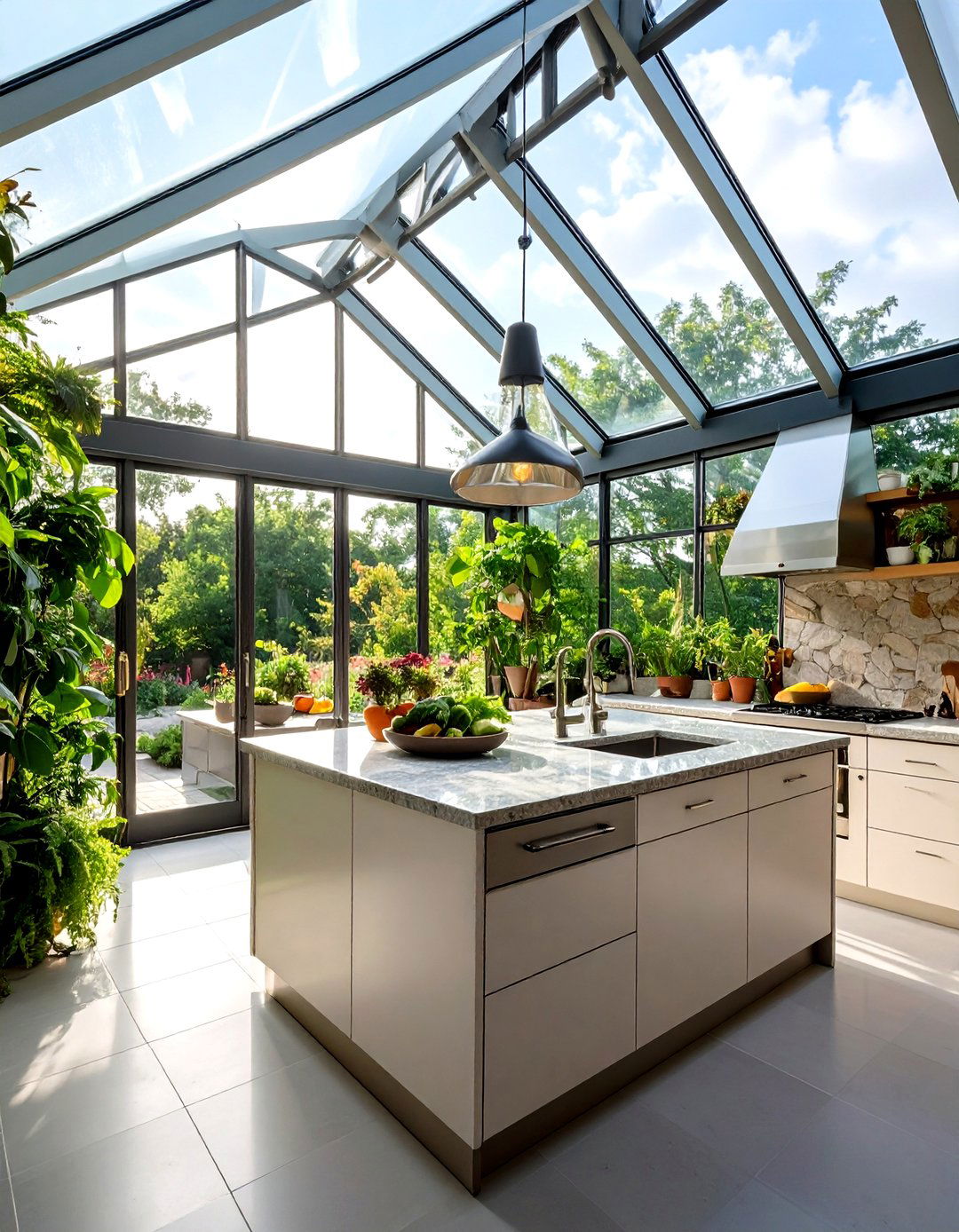 Glass Enclosed Sunlit Greenhouse Kitchen Hub - 20 Greenhouse Kitchen Design Ideas