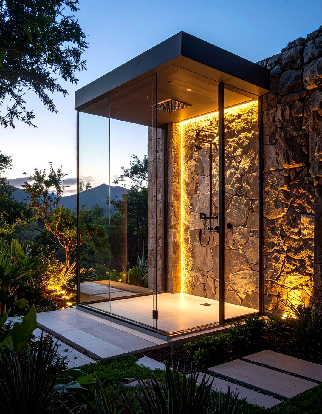 Glass Enclosure with Stone Backdrop - 20 Stone Shower Design Ideas
