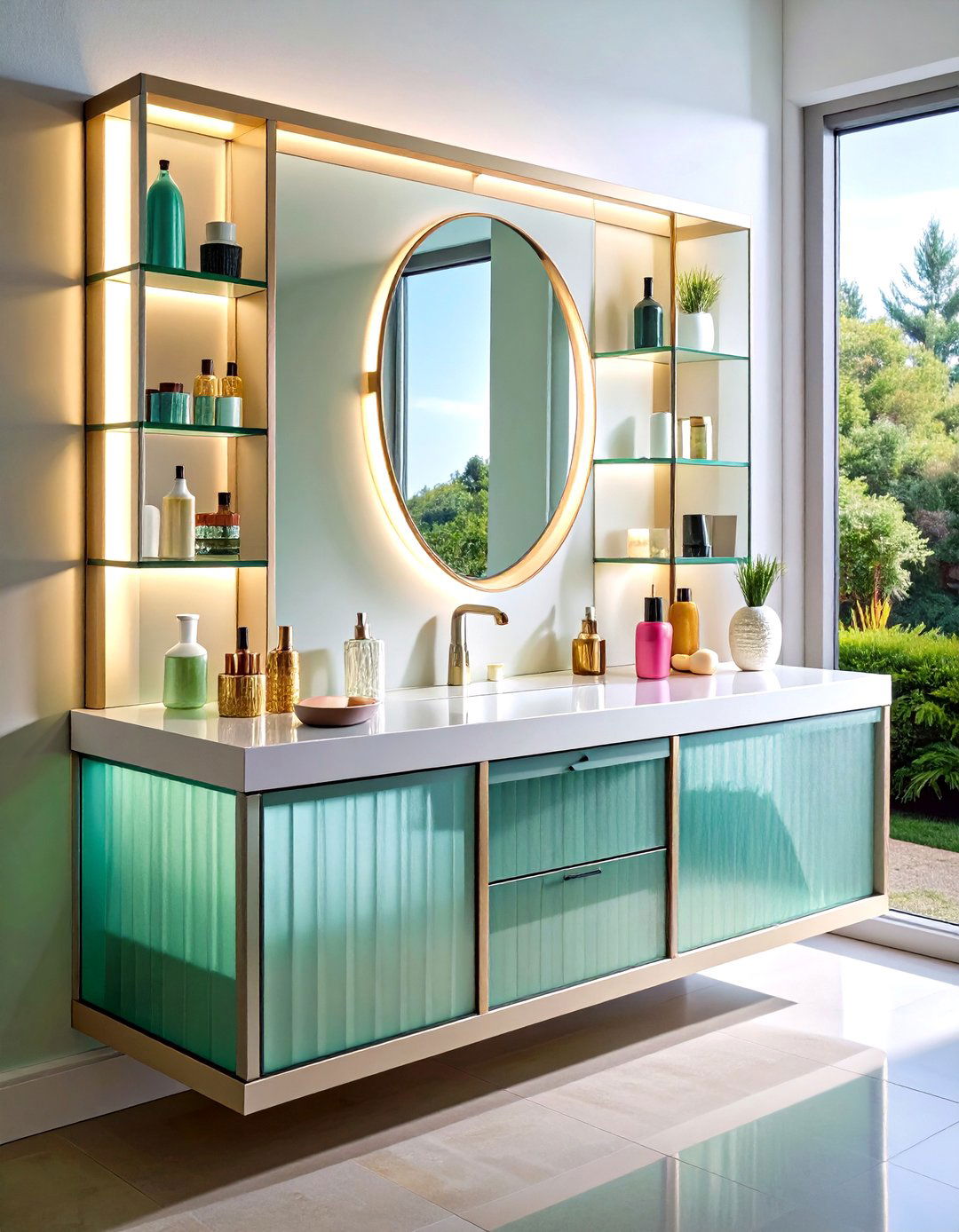 Glass Front Floating Vanity Shows Off Serene Order - 20 Floating Vanity Bathroom Ideas