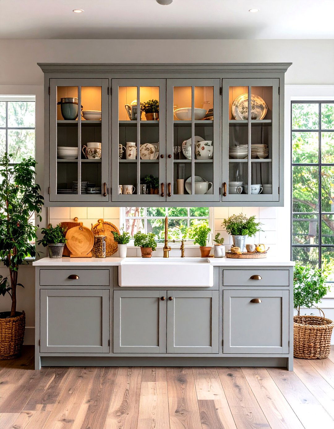 Glass Front Gray Farmhouse Cabinets - 20 Farmhouse Kitchen With Gray Cabinets Ideas