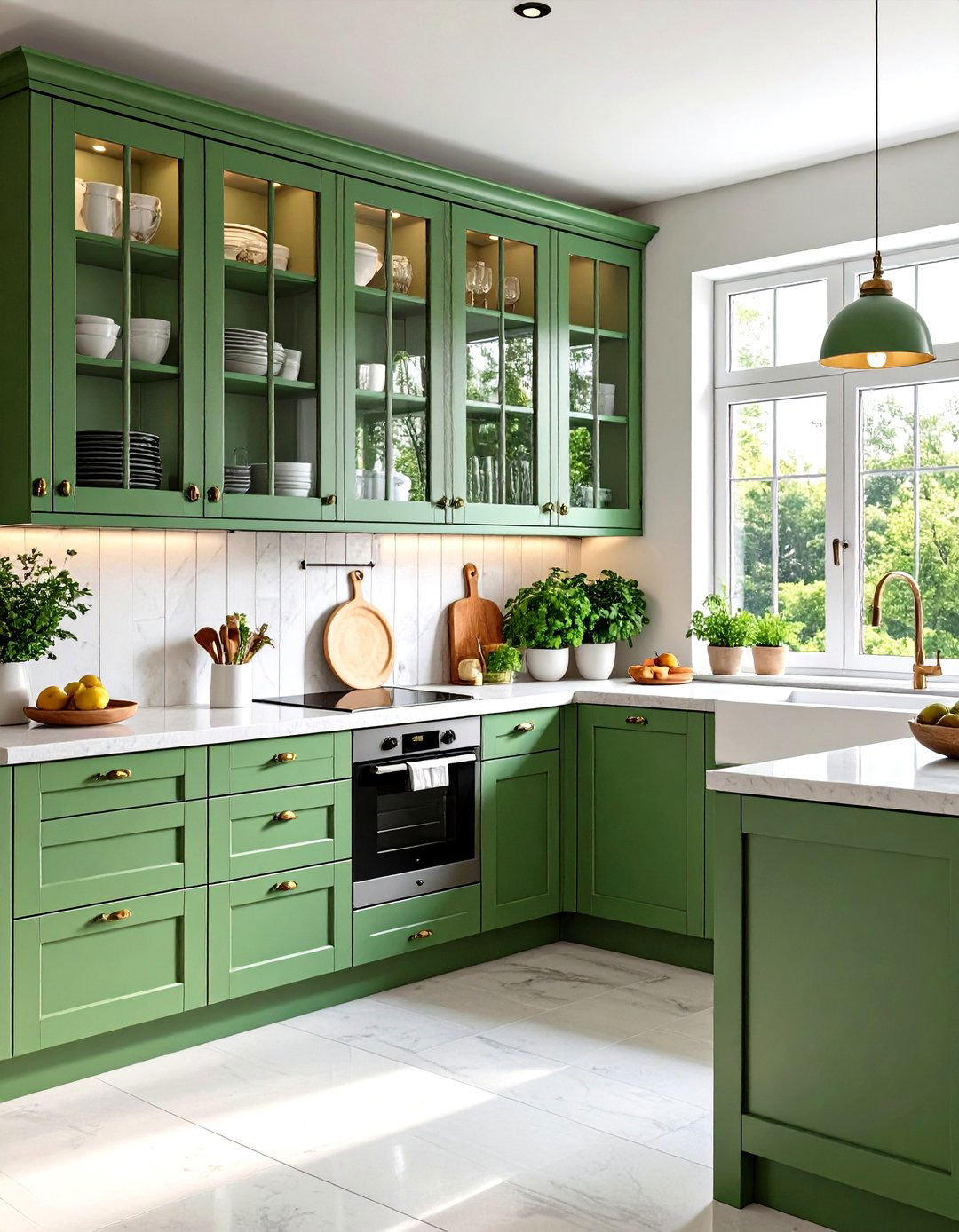 Glass Front Green Cabinet Displays - 20 Green Kitchen Cabinet Ideas
