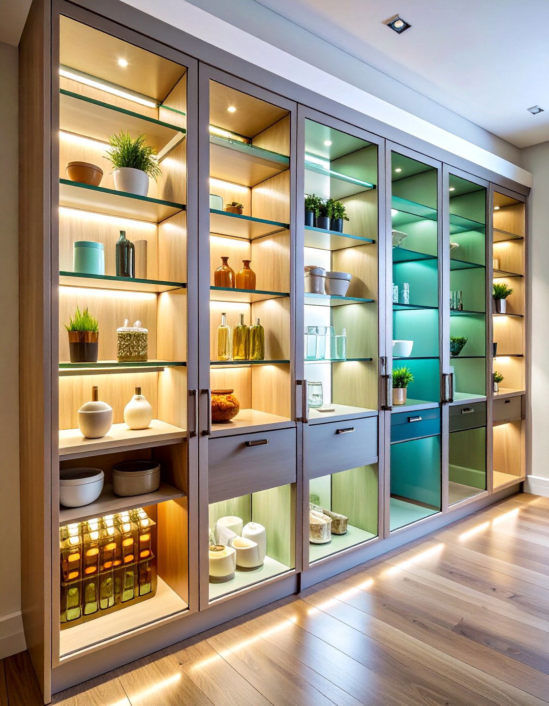 Glass Front Kitchen Pantry Cabinet with LED Lighting - 20 Kitchen Pantry Ideas