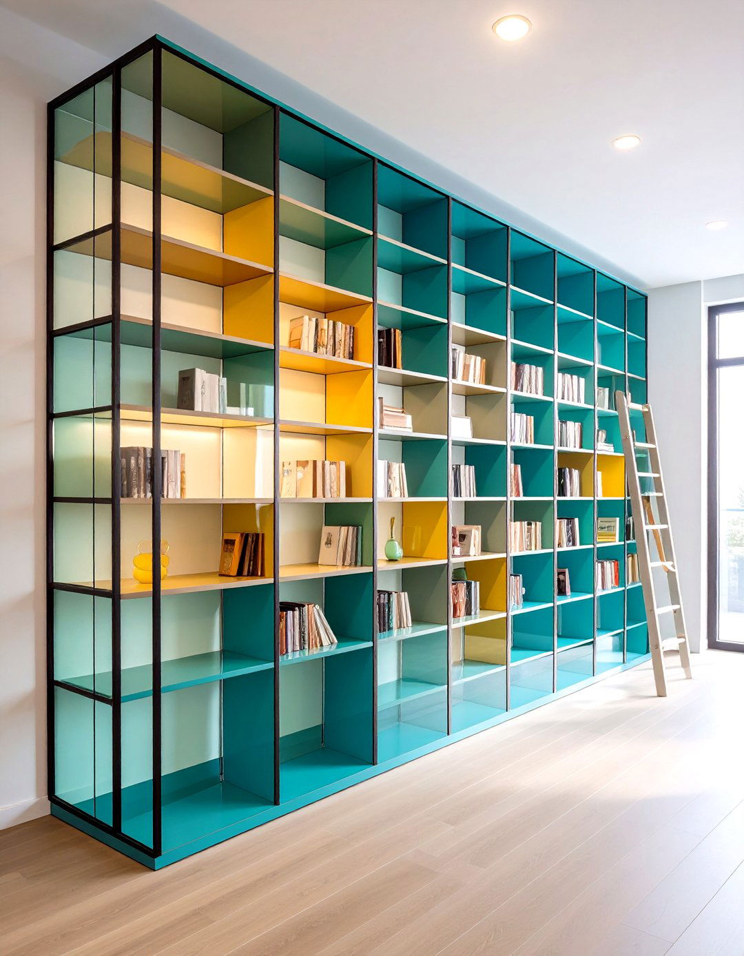 Glass Front Library Cabinets with a Rolling Ladder - 20 Floor to Ceiling Cabinets Ideas
