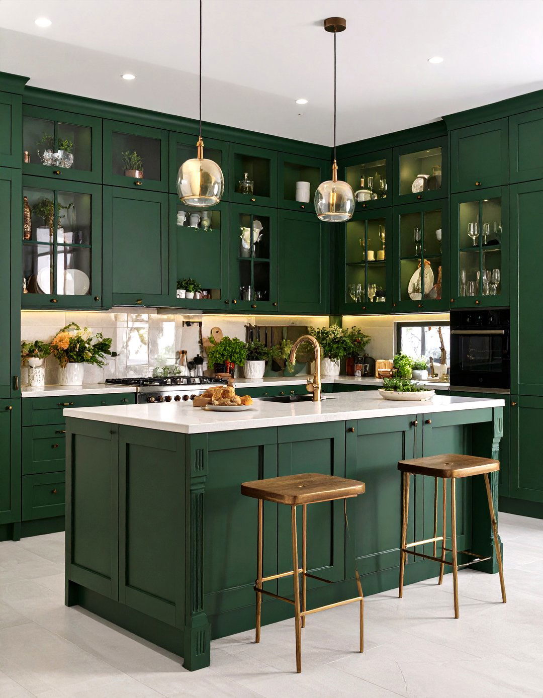 Glass Fronts Add Sparkle to a Dark Green Kitchen - 20 Dark Green Kitchen Ideas