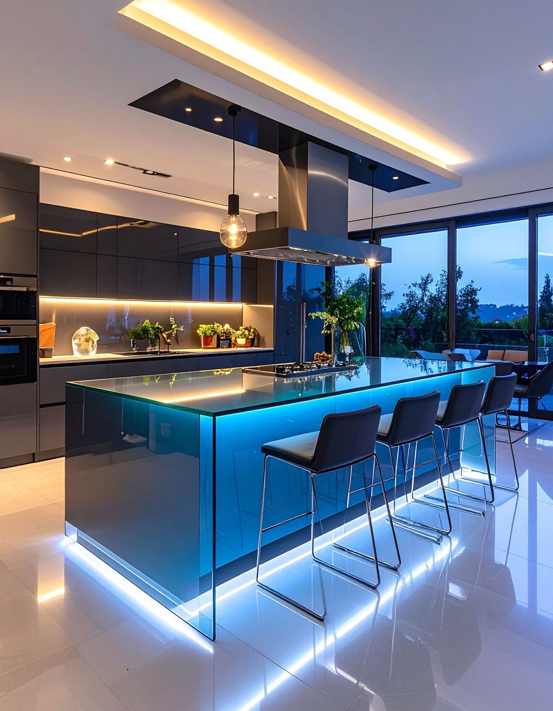 Glass Kitchen Island with Transparent Elements and Modern Seating - 20 Kitchen Island Ideas With Seating