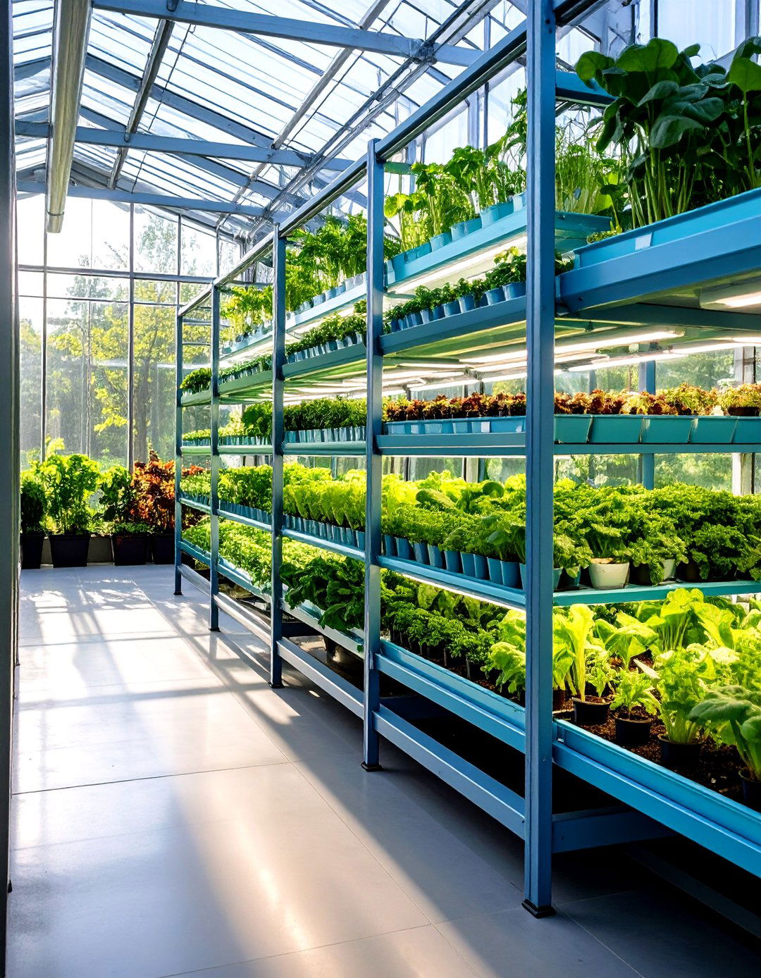 Glass Pane Greenhouse Shelving to Flood Lower Tiers with Light - 20 Greenhouse Shelving Ideas