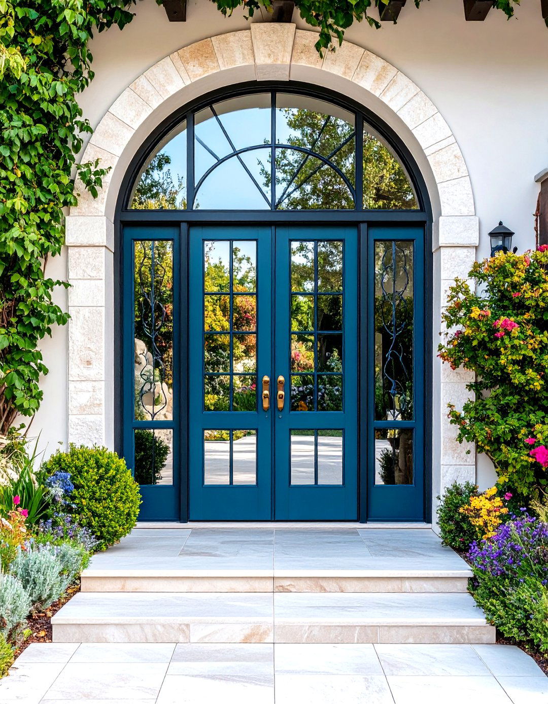 Glass Panel Mediterranean Front Door with Sidelights and Transom - 20 Mediterranean Front Door Ideas