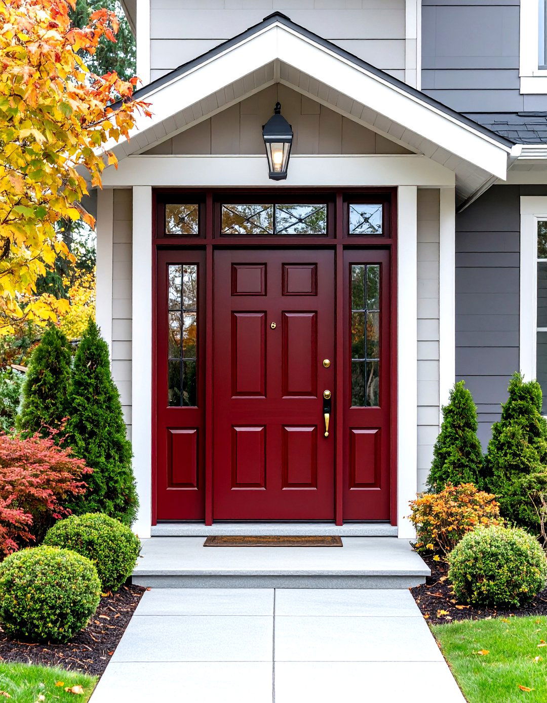 Glass Paneled Dark Red Front Door for Light and Privacy - 20 Dark Red Front Door Ideas