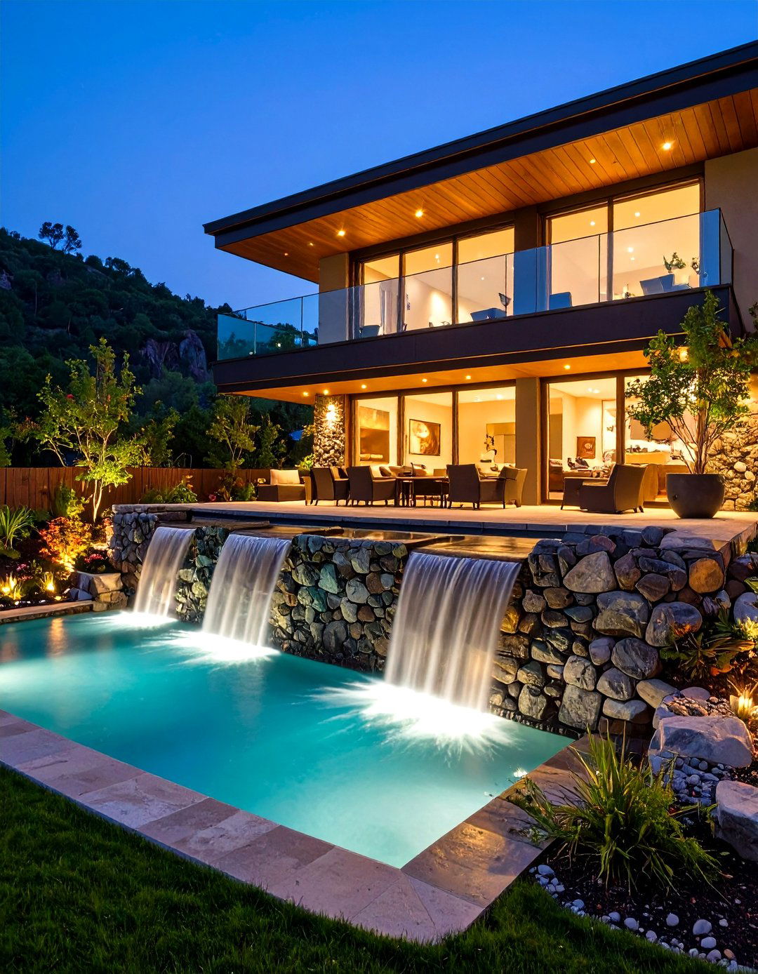 Glass Rail Deck Bridging to Patio Water Feature - 20 Deck and Patio Combination Ideas
