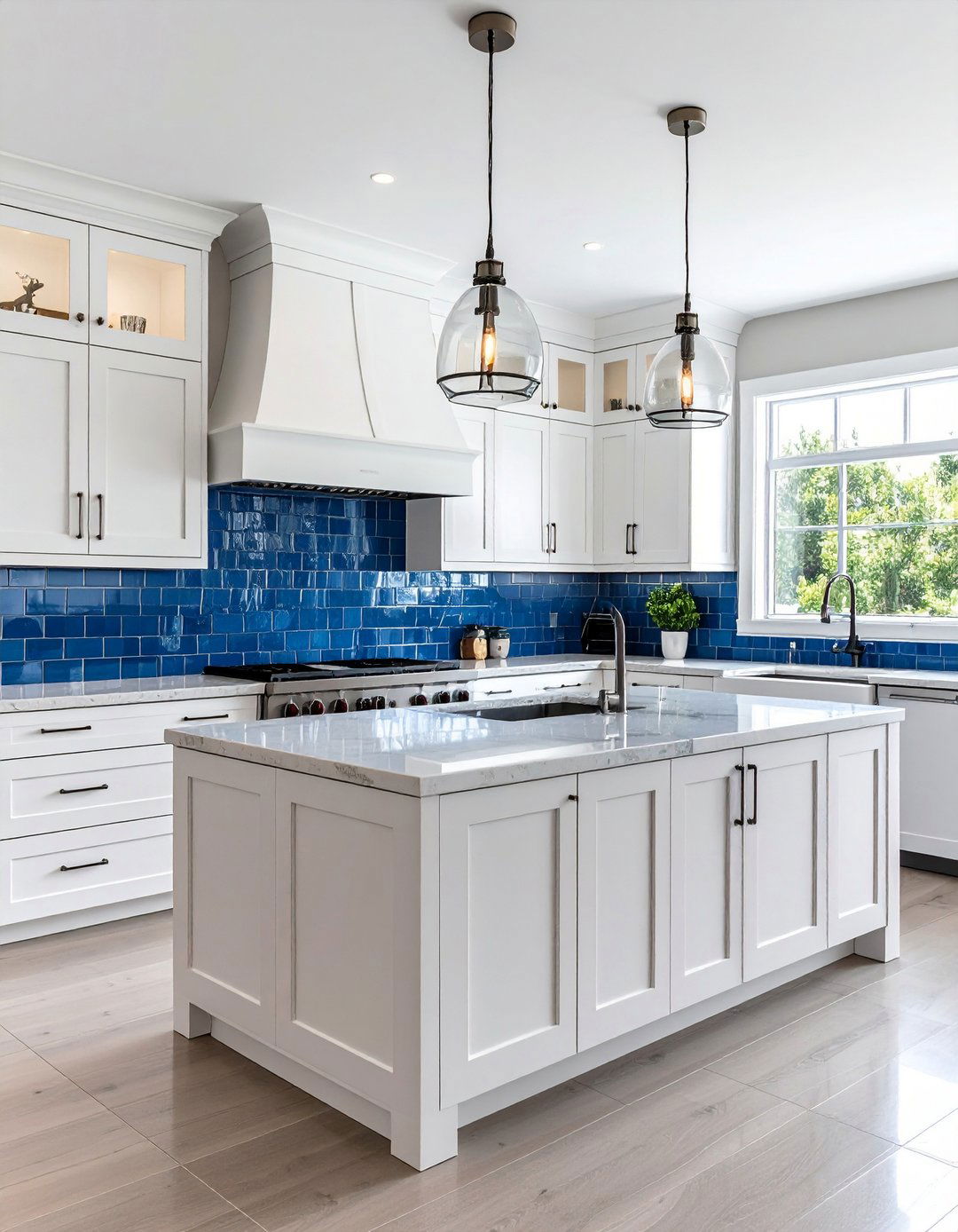 Glass Subway Tile Backsplash in Blue and White Kitchen - 20 Blue and White Kitchen Ideas