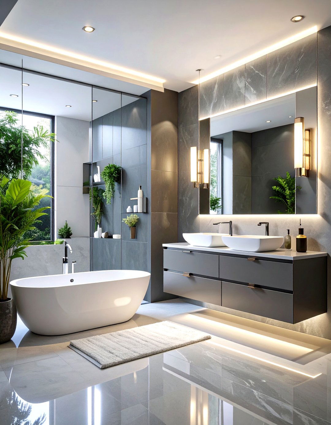 Glass and Glossy Grey and White Bathroom - 20 Grey and White Bathroom Ideas