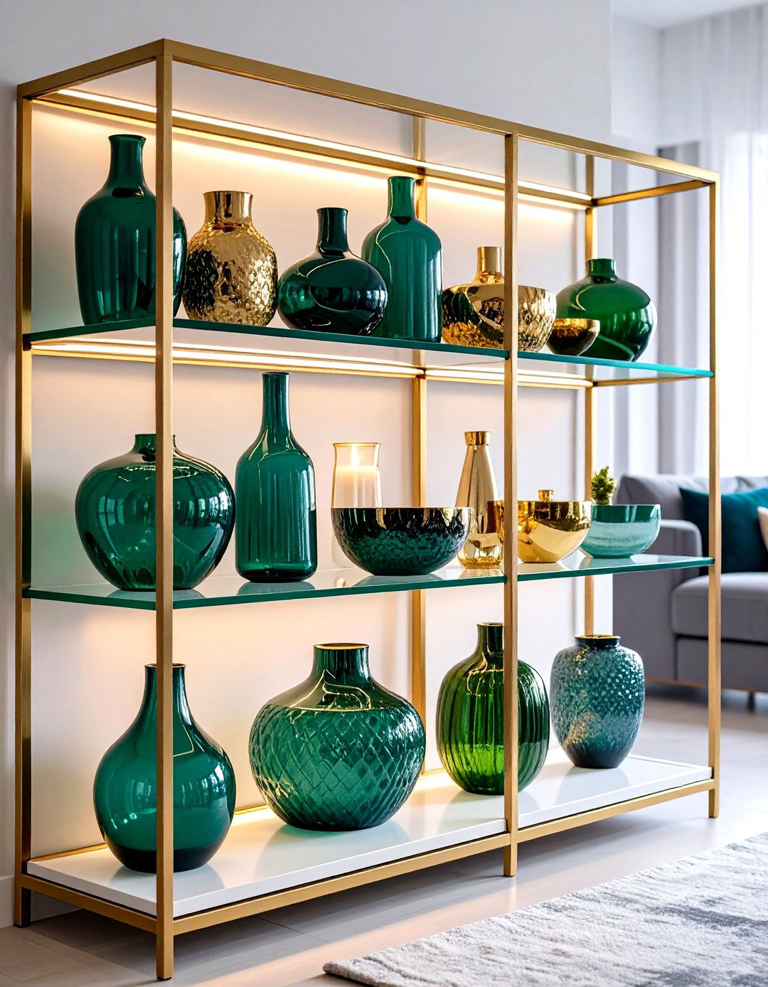 Glass and Gold Shelving Showcasing Green Decor - 20 Emerald Green and Gold Living Room Ideas