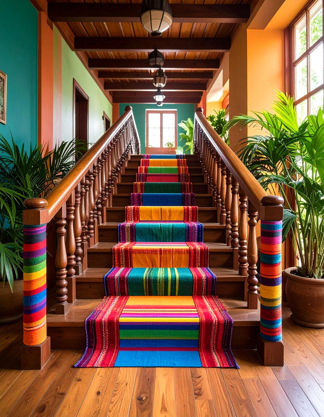 Global Textiles on Handrails - 20 Boho Hallway Ideas