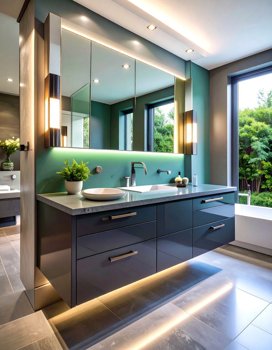 Glossy Graphite Wall Mounted Vanity Embraces Minimalism - 20 Grey Bathroom Vanity Design Ideas
