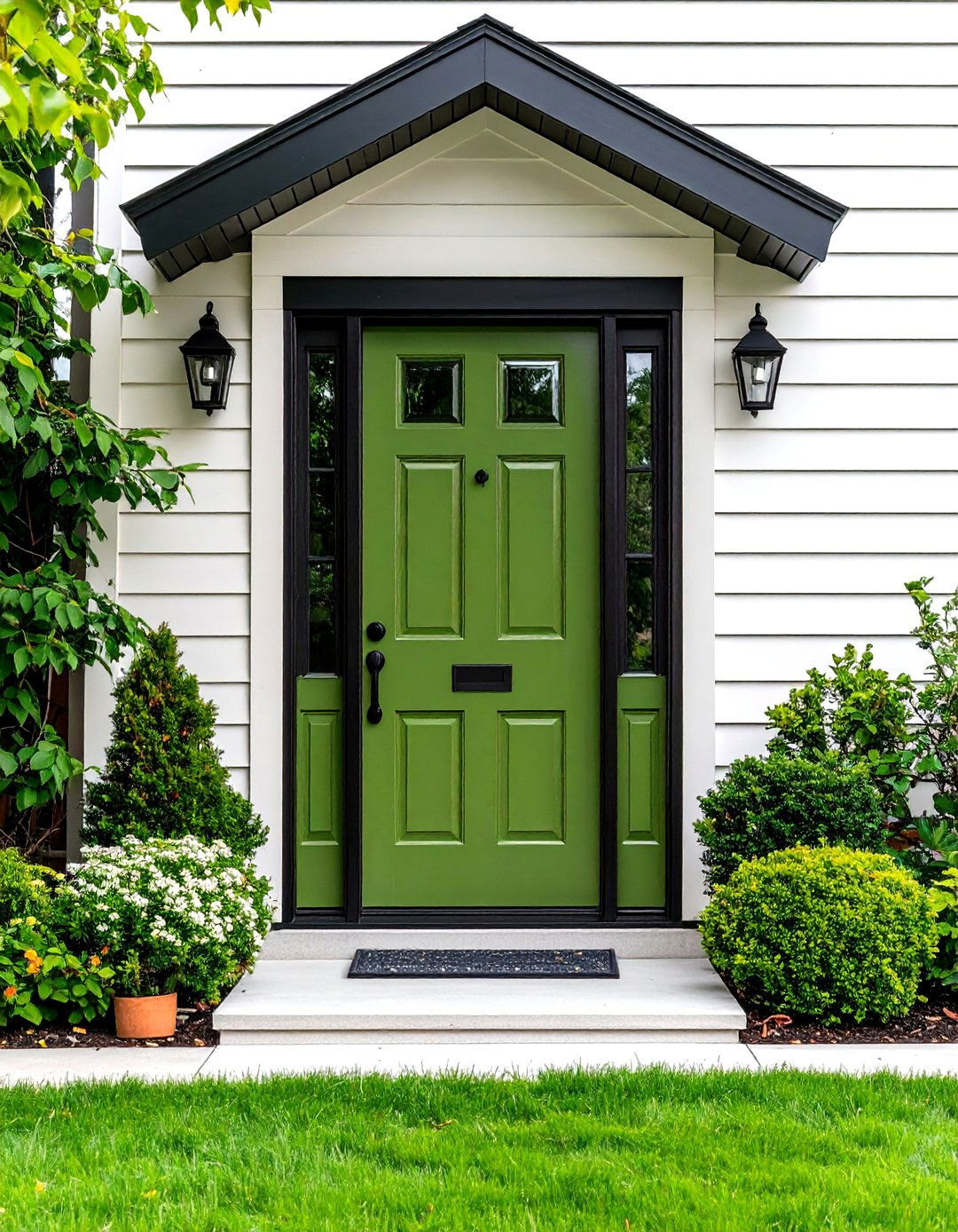 Glossy Olive Green Front Door with Black Accents - 20 Olive Green Front Door Ideas