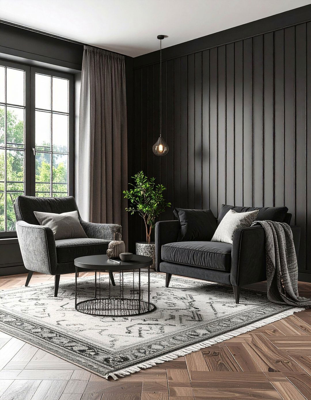 Glossy Paneling Elevates the Black Living Room - 20 Black Living Room Ideas