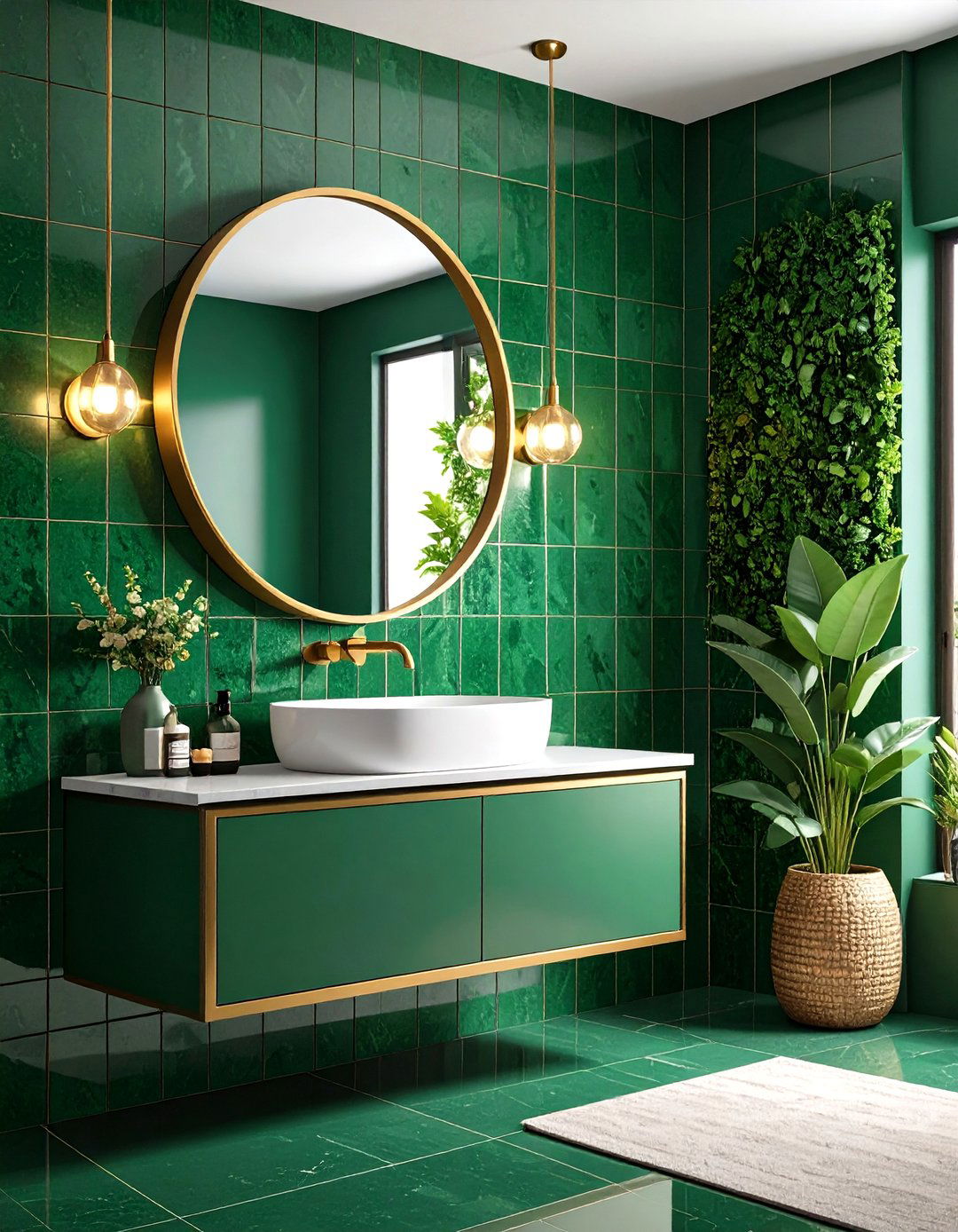 Glossy Racing Green Tile Feature Wall - 20 Green Bathroom Tile Ideas