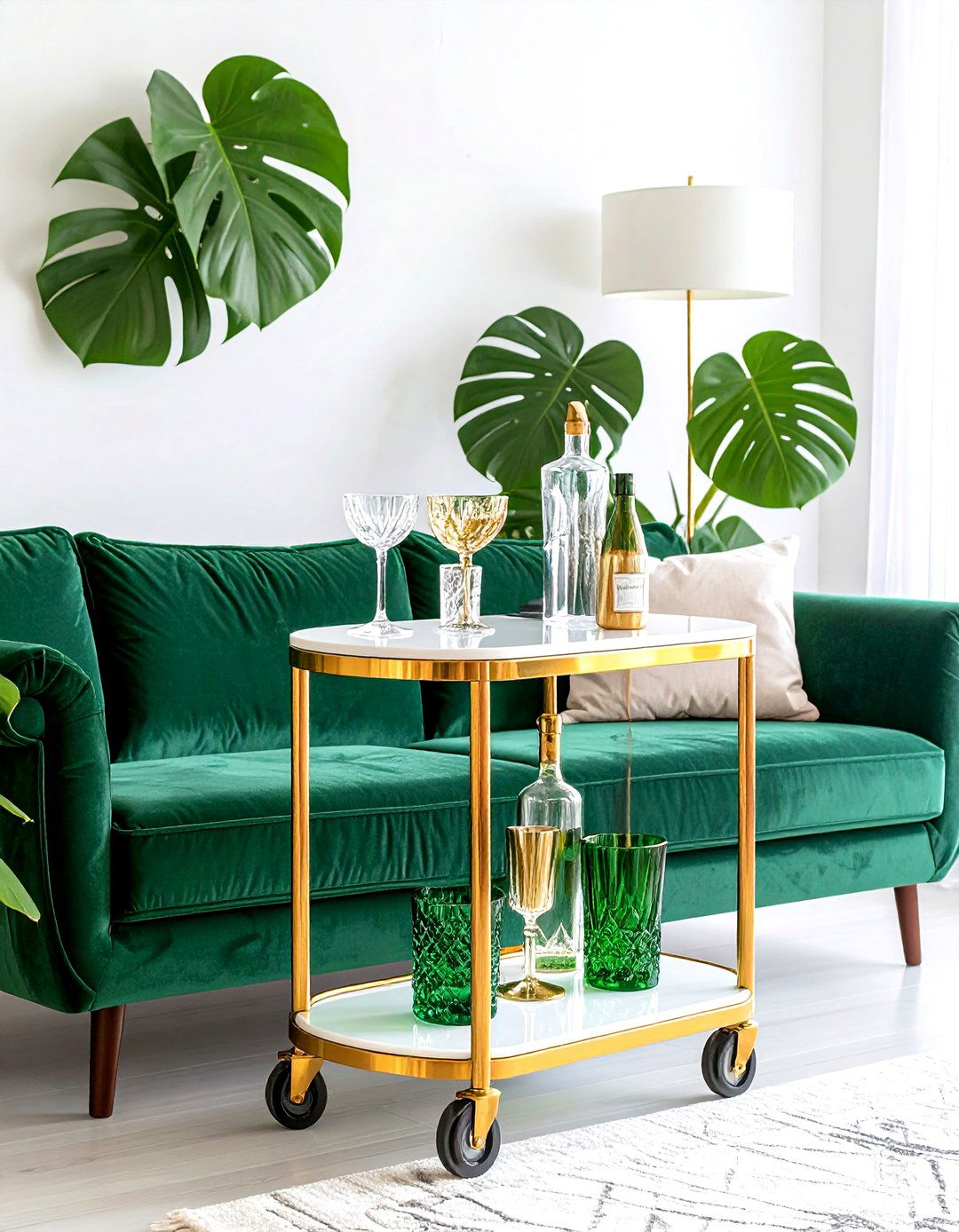 Gold Bar Cart as Emerald Accent - 20 Emerald Green and Gold Living Room Ideas
