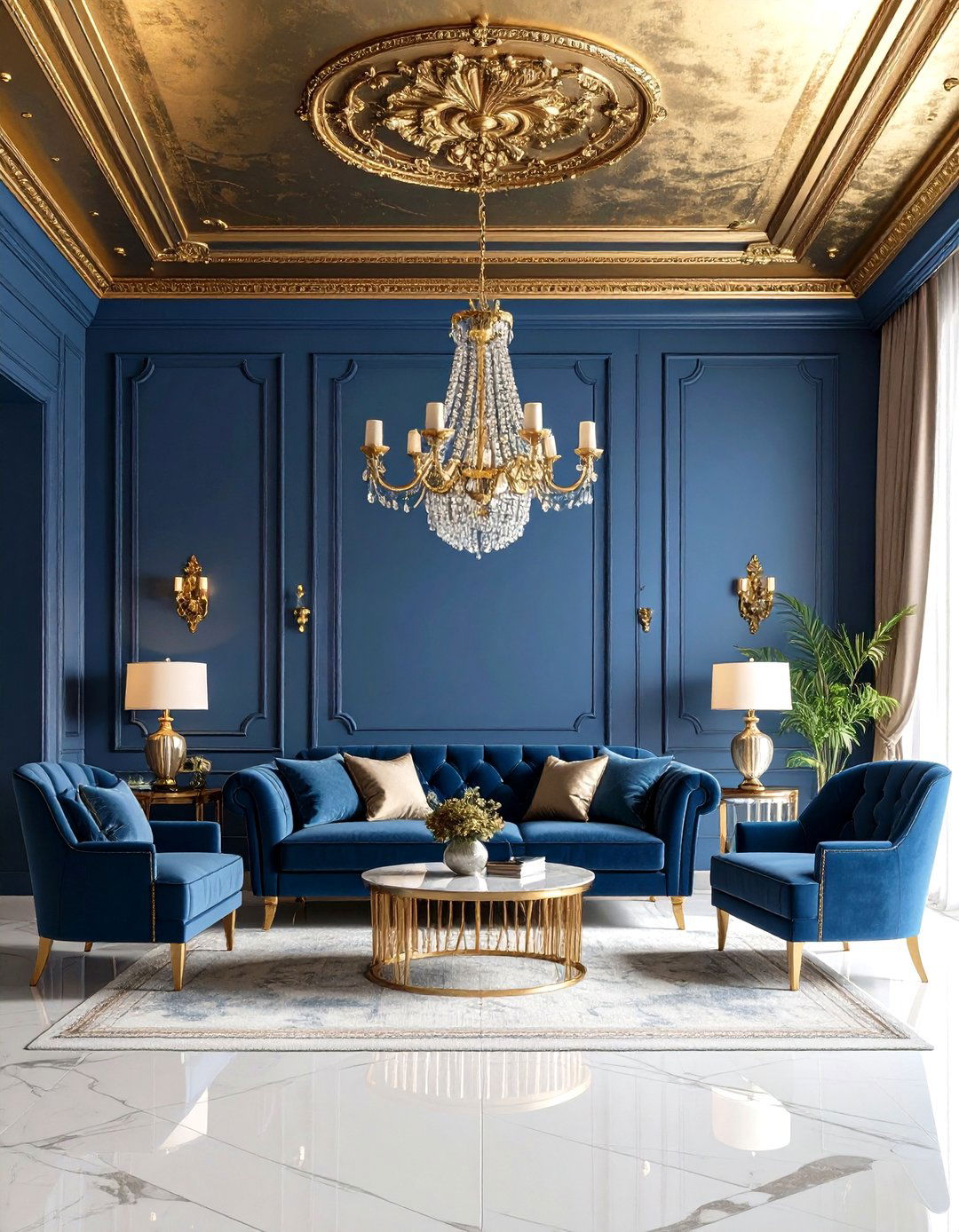 Gold Ceiling Treatment with Blue Walls Living Room Ideas - 20 Blue and Gold Living Room Ideas