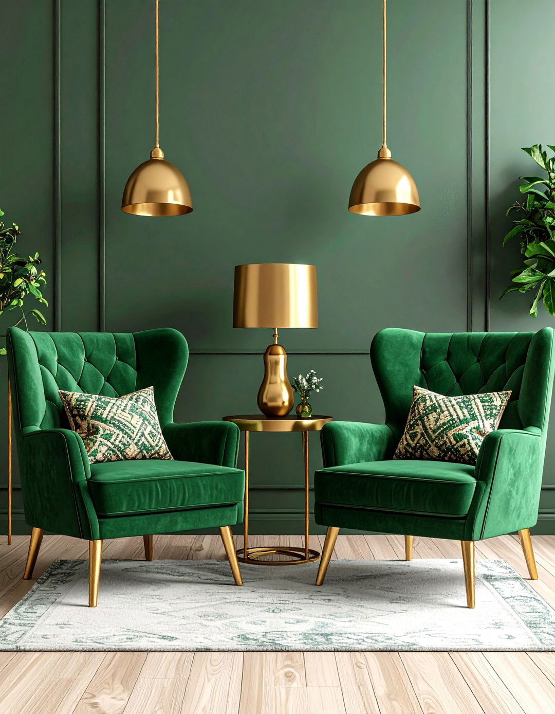 Gold Finished Side Tables Flanking Green Armchairs - 20 Green and Gold Living Room Ideas