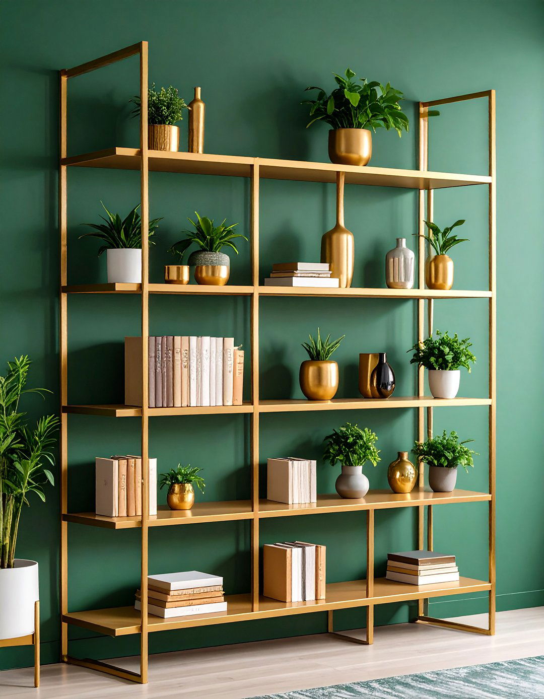 Gold Framed Floating Shelves Against a Green Living Room Wall - 20 Green and Gold Living Room Ideas