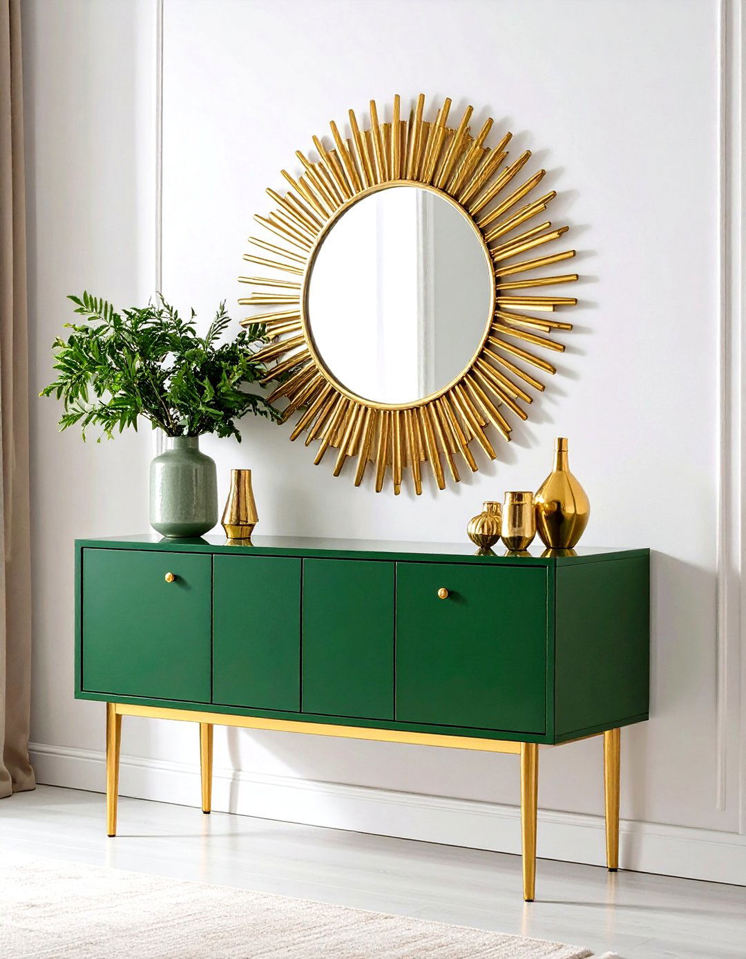 Gold Framed Sunburst Mirror Above a Green Living Room Console - 20 Green and Gold Living Room Ideas