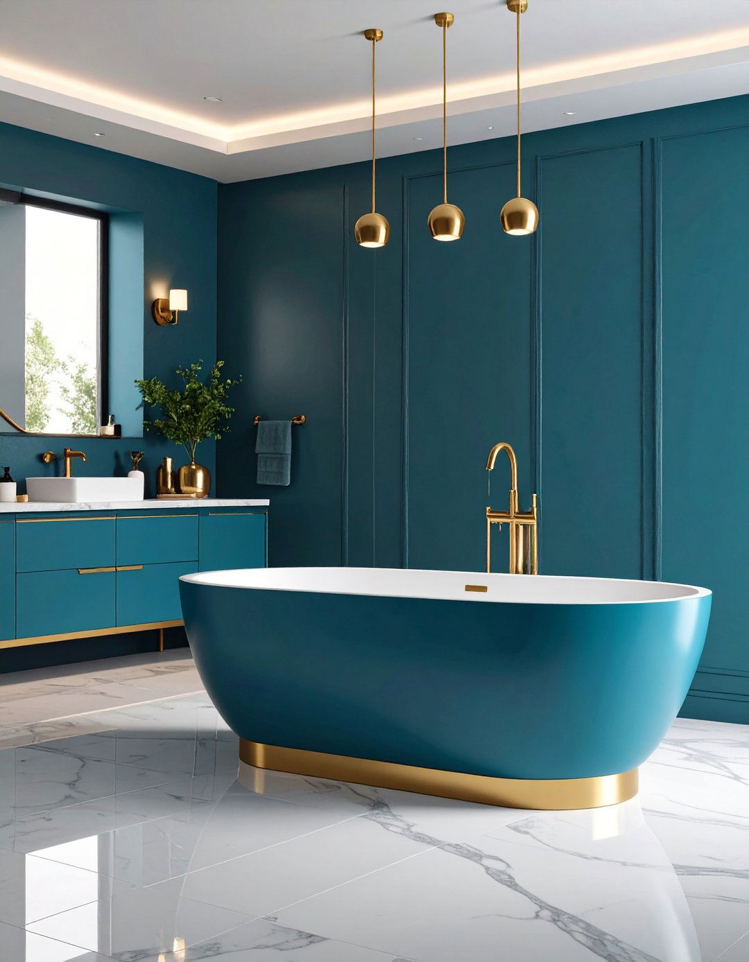 Gold Freestanding Tub against a Cerulean Backdrop - 20 Blue and Gold Bathroom Ideas
