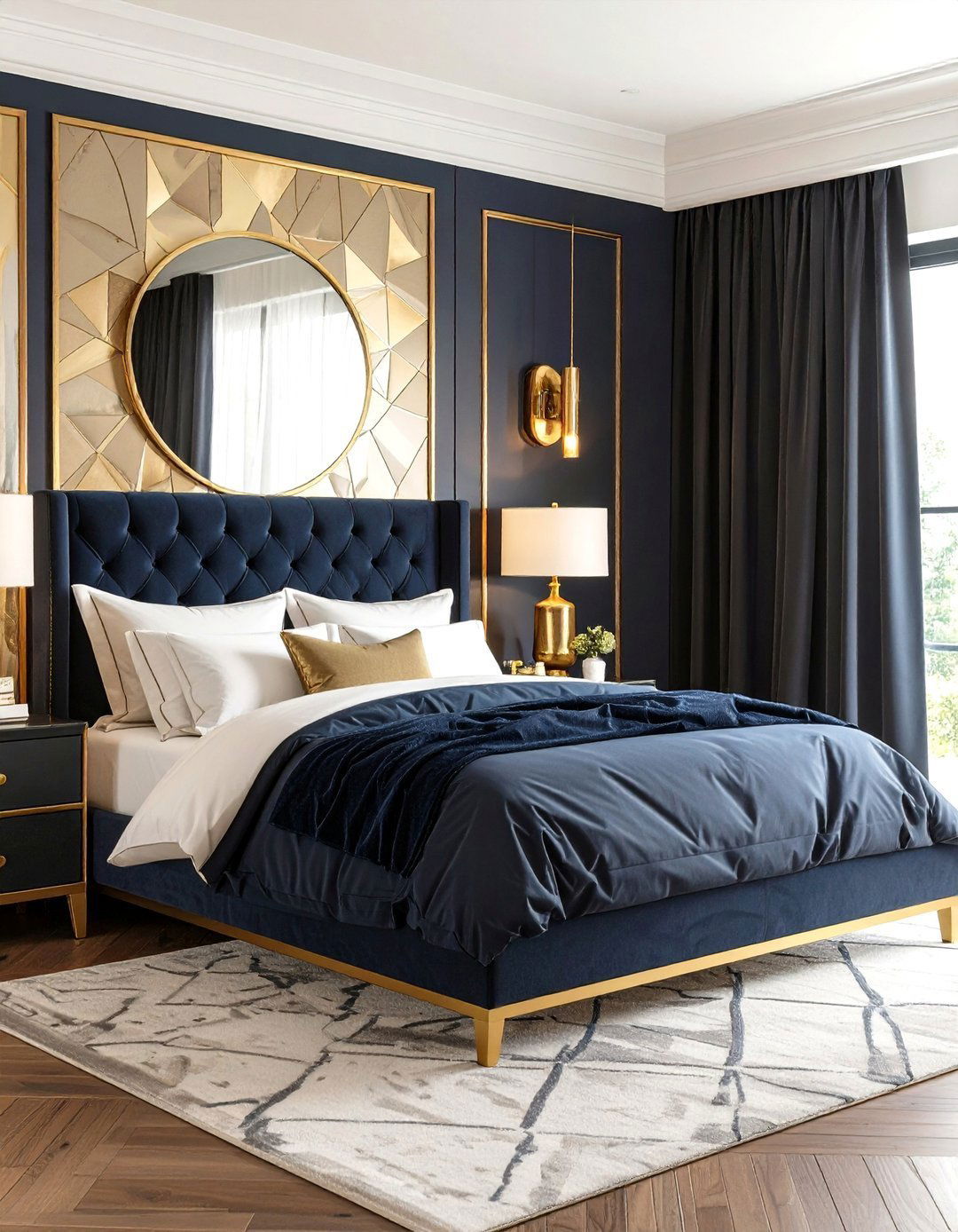 Gold Glam Accents in a Black and Blue Bedroom - 20 Black and Blue Bedroom Ideas