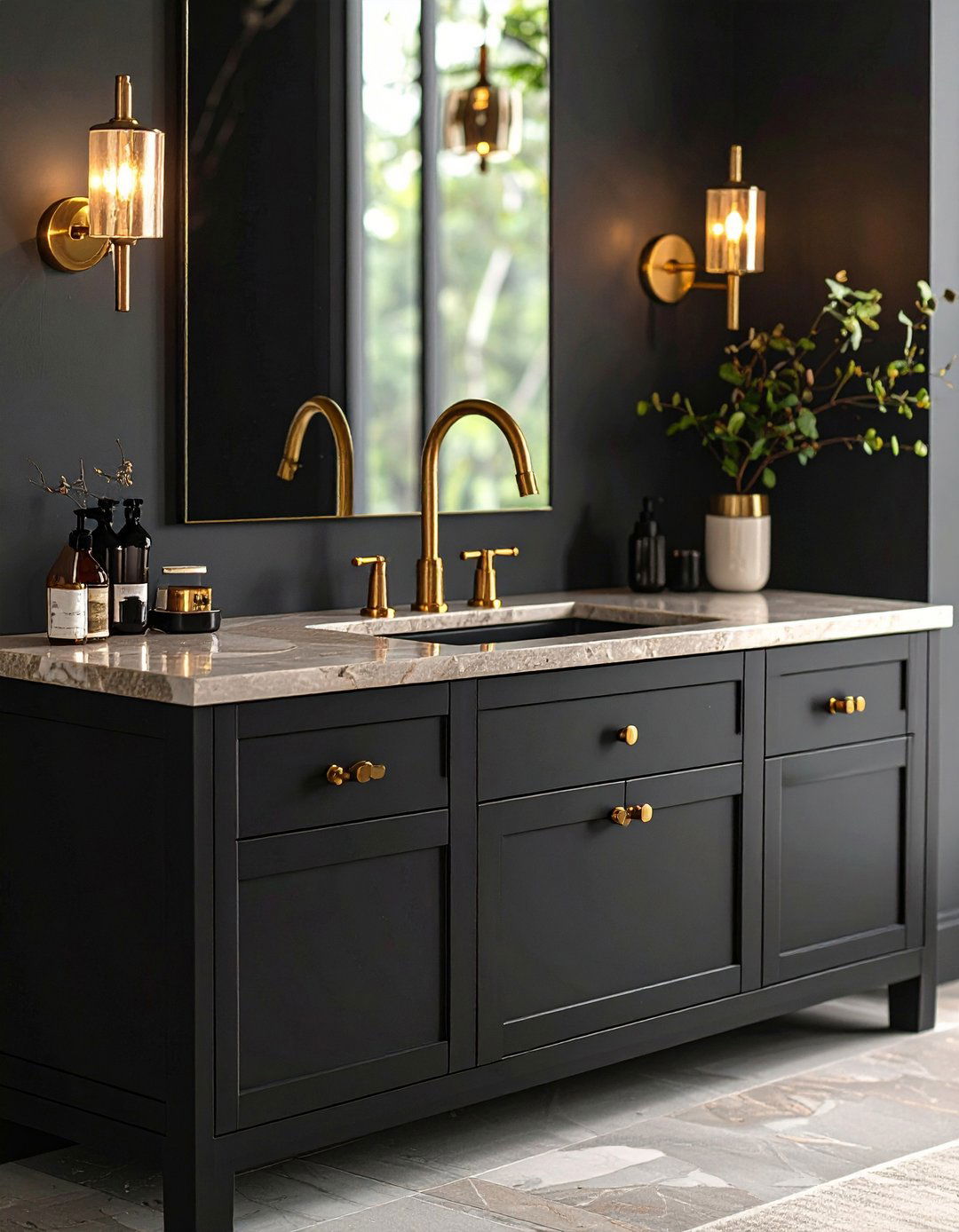 Gold Hardware Glams Up the Black Base - 20 Black Vanity Bathroom Ideas