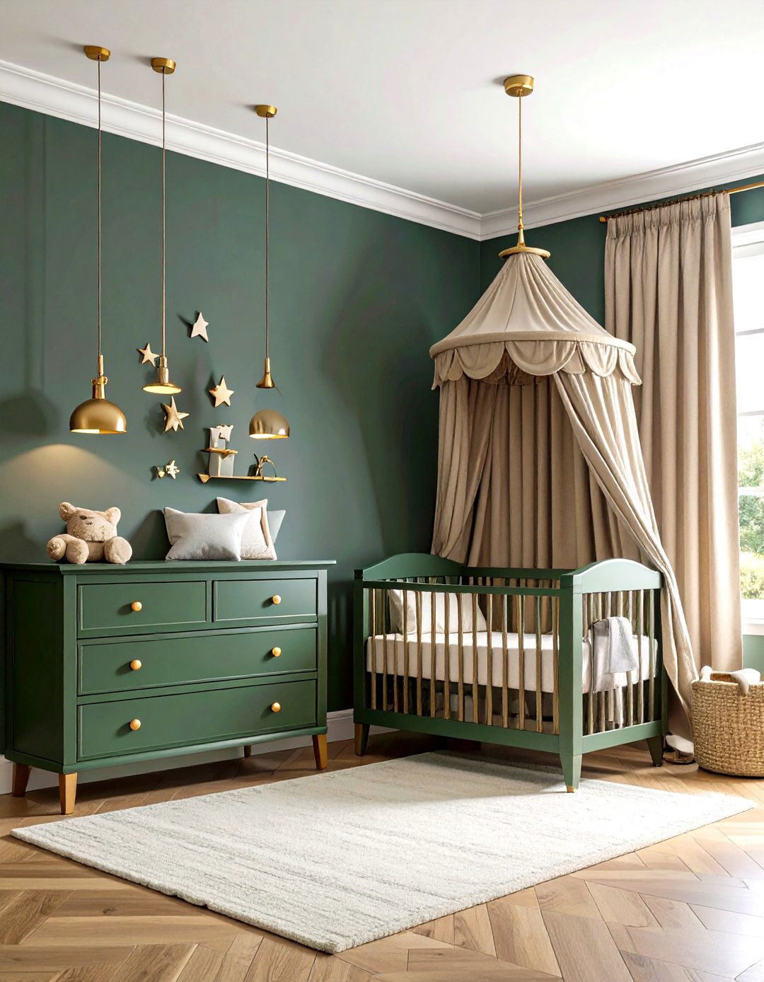 Gold Hardware Highlights in a Dark Green Nursery - 20 Dark Green Nursery Ideas
